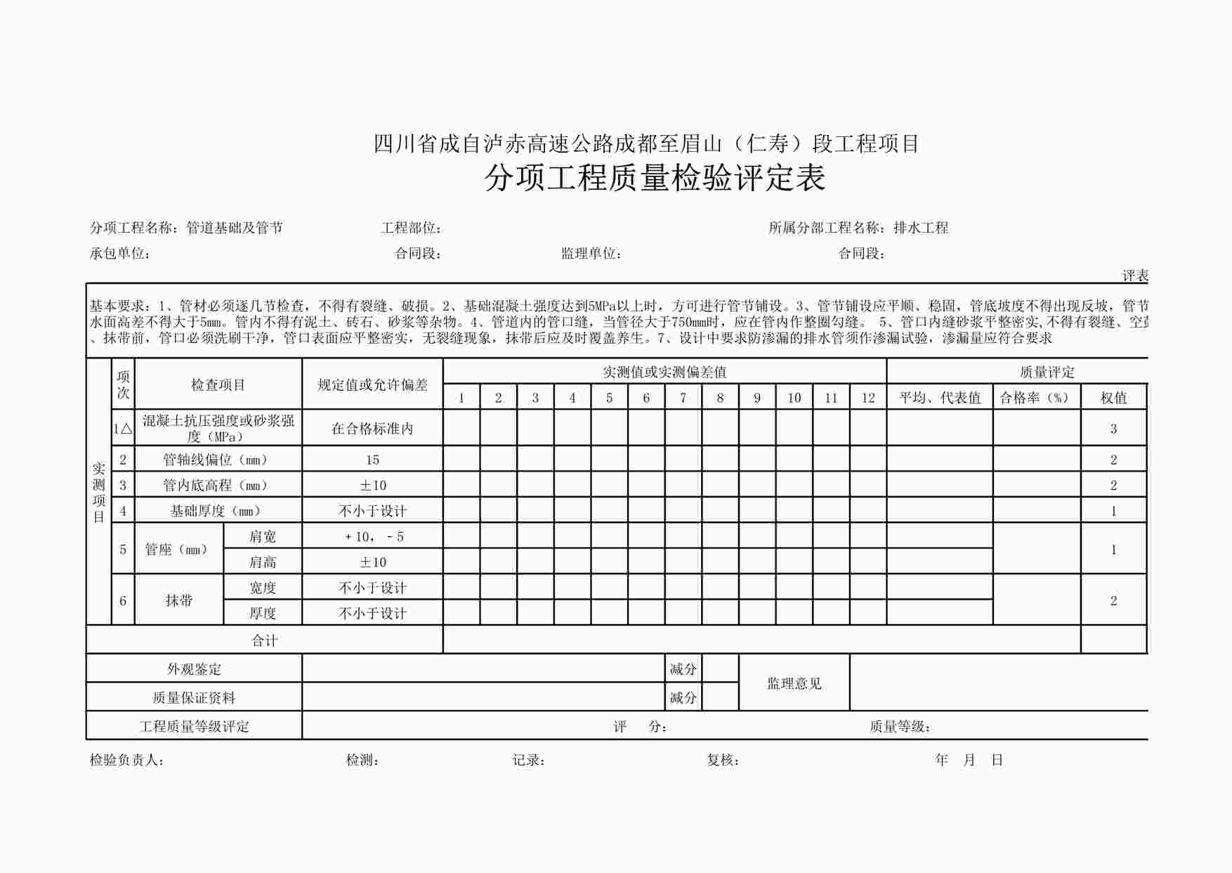 “管道基础及管节安装评定XLS”第1页图片