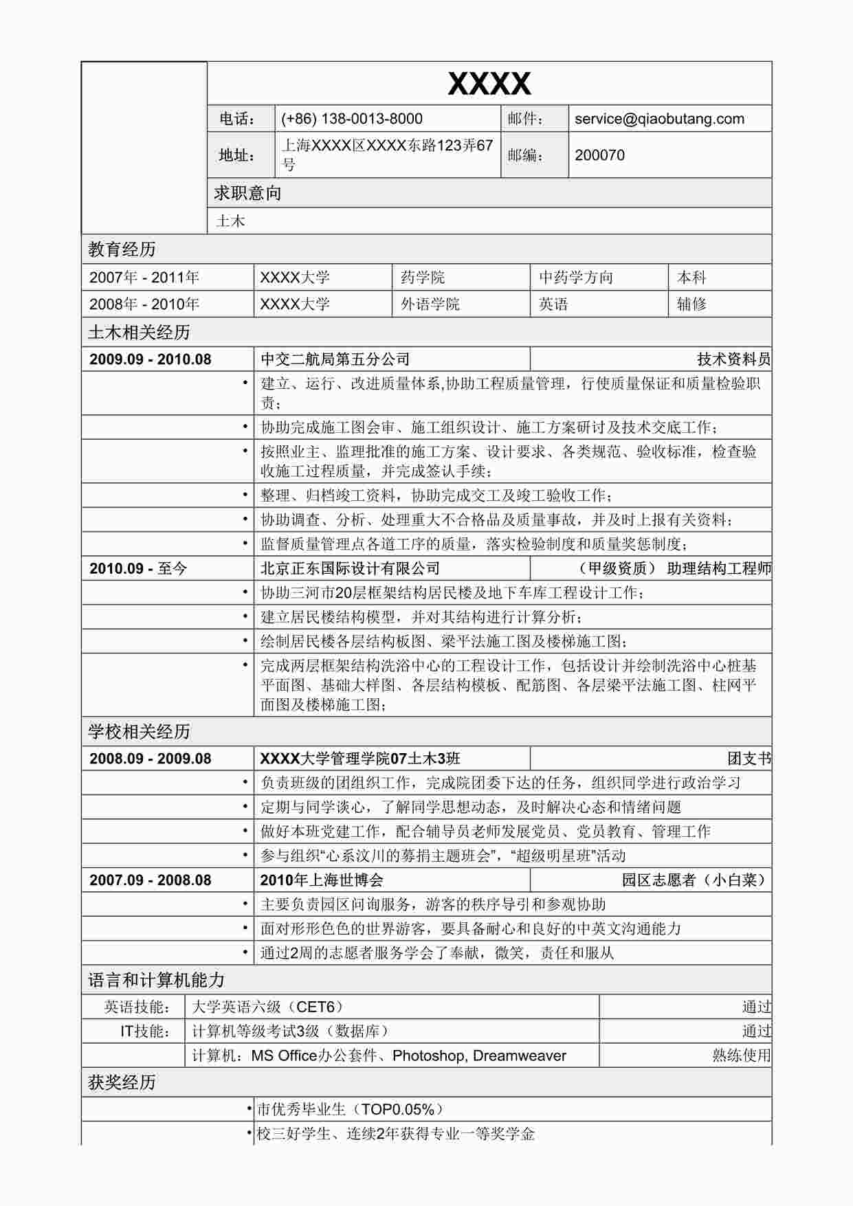 “应聘土木类岗位表格式经典简历模版DOC”第1页图片