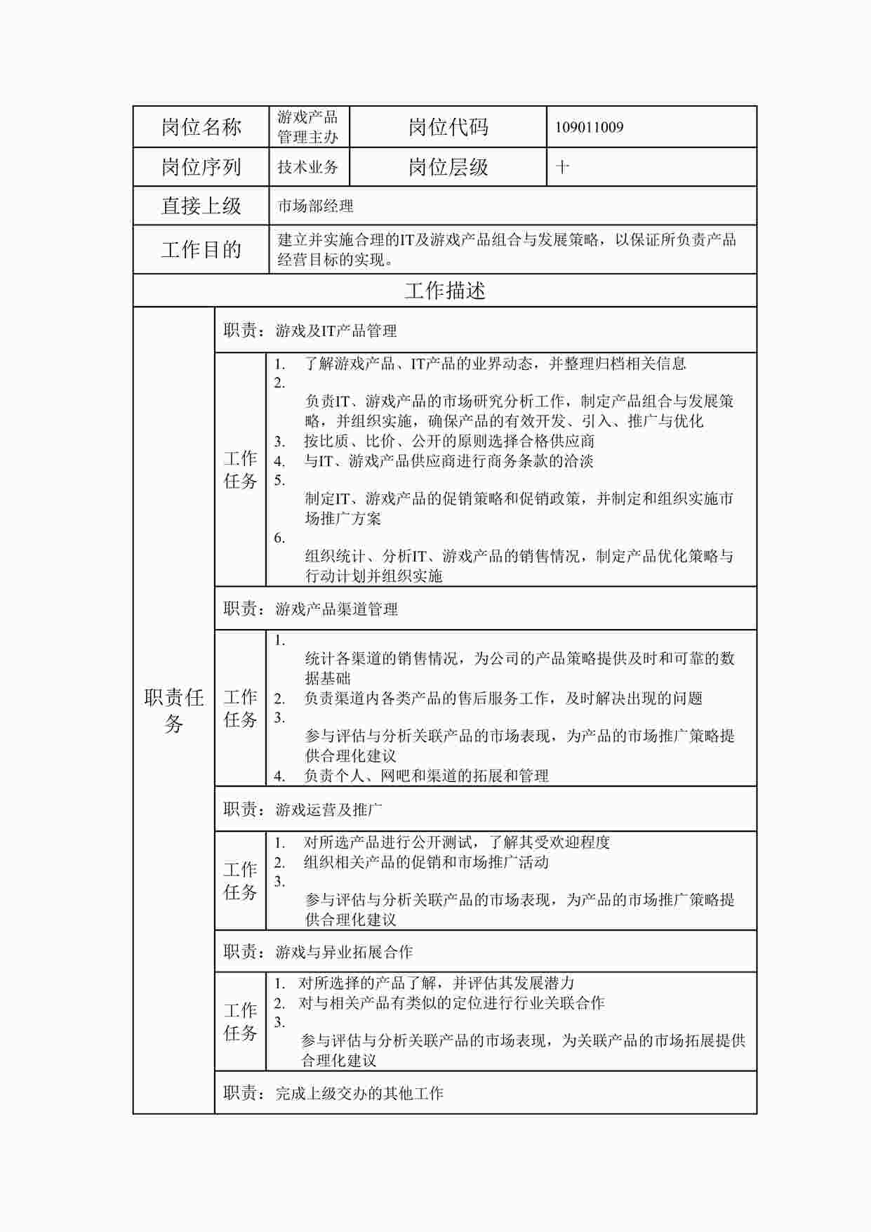 “20xx年某公司游戏产品管理主办职位说明书DOC”第1页图片