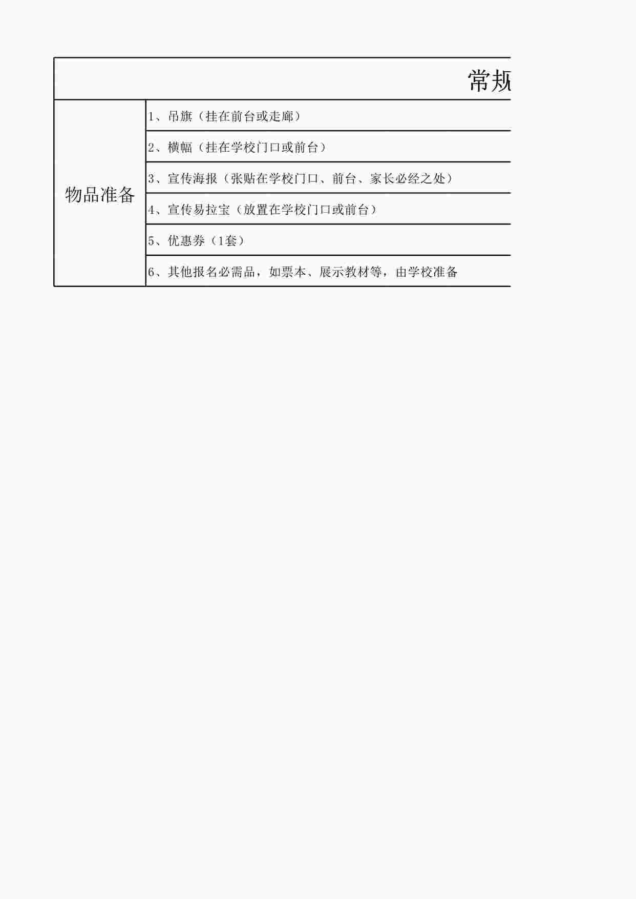 “欧美思教育金秋营销活动方案之常规班 - 物资准备表XLSX”第1页图片