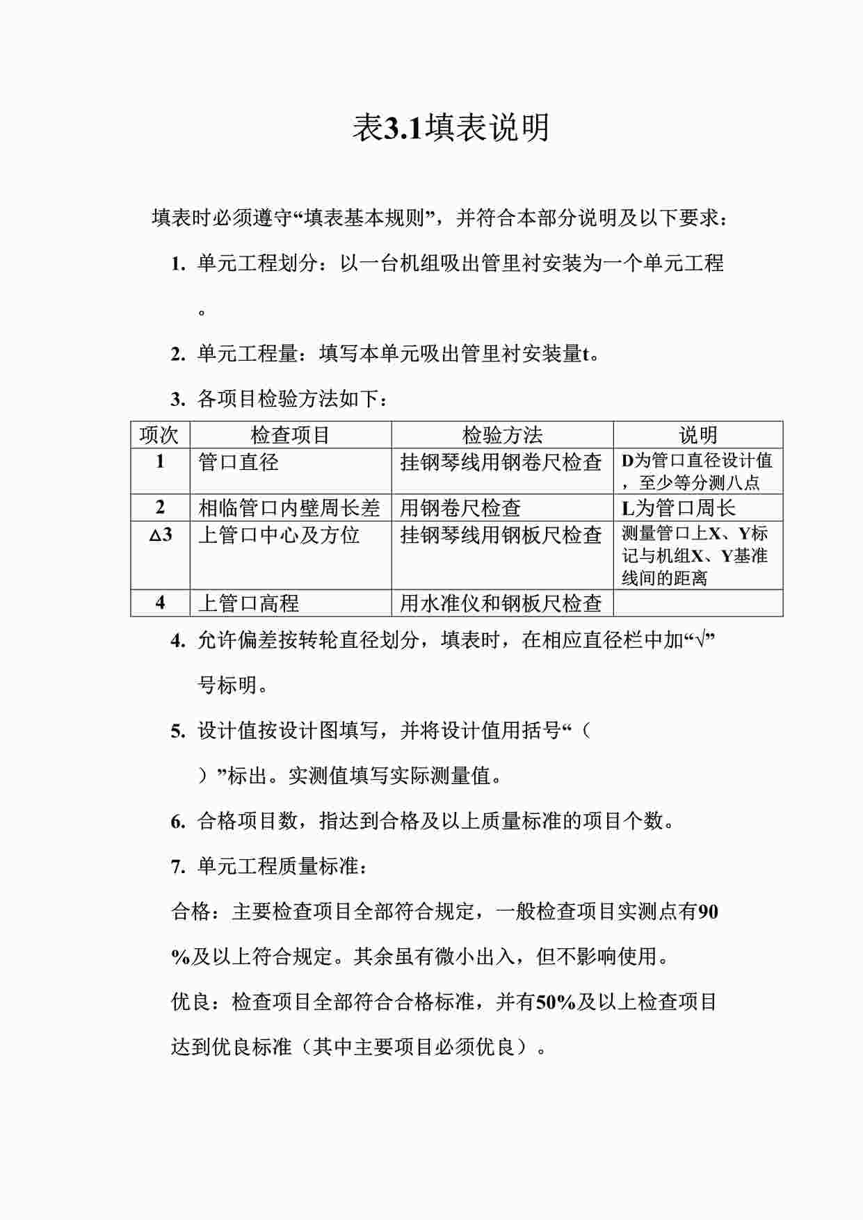 “表3.1立式反击式水轮机吸出管里衬安装单元工程质量评定表填表说明DOC”第1页图片