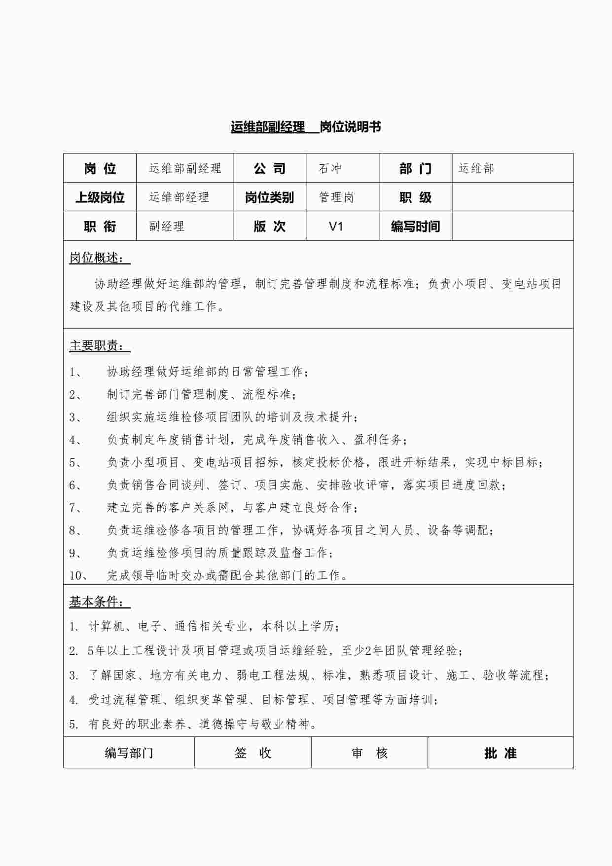 “运维部副经理岗位说明书DOCX”第1页图片