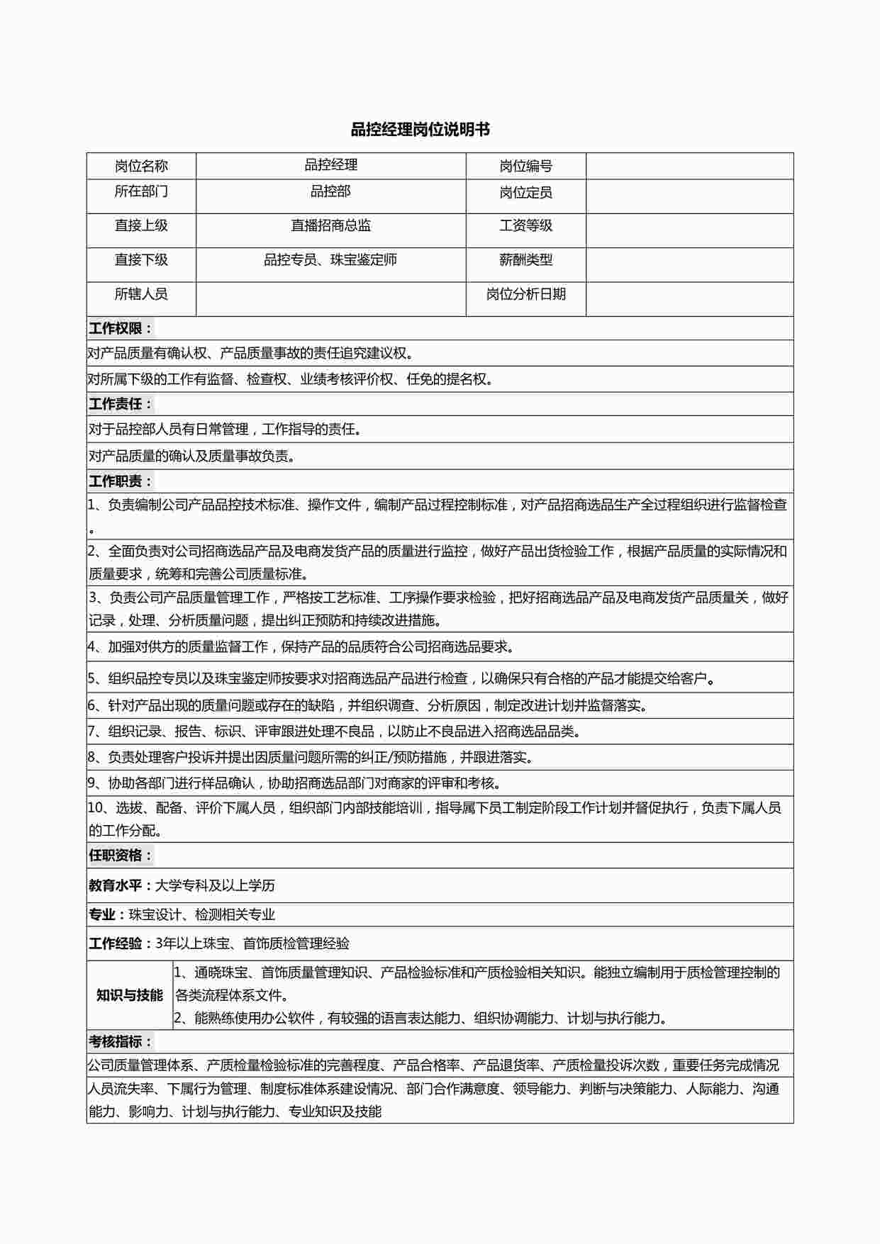 “品控经理岗位说明书DOCX”第1页图片