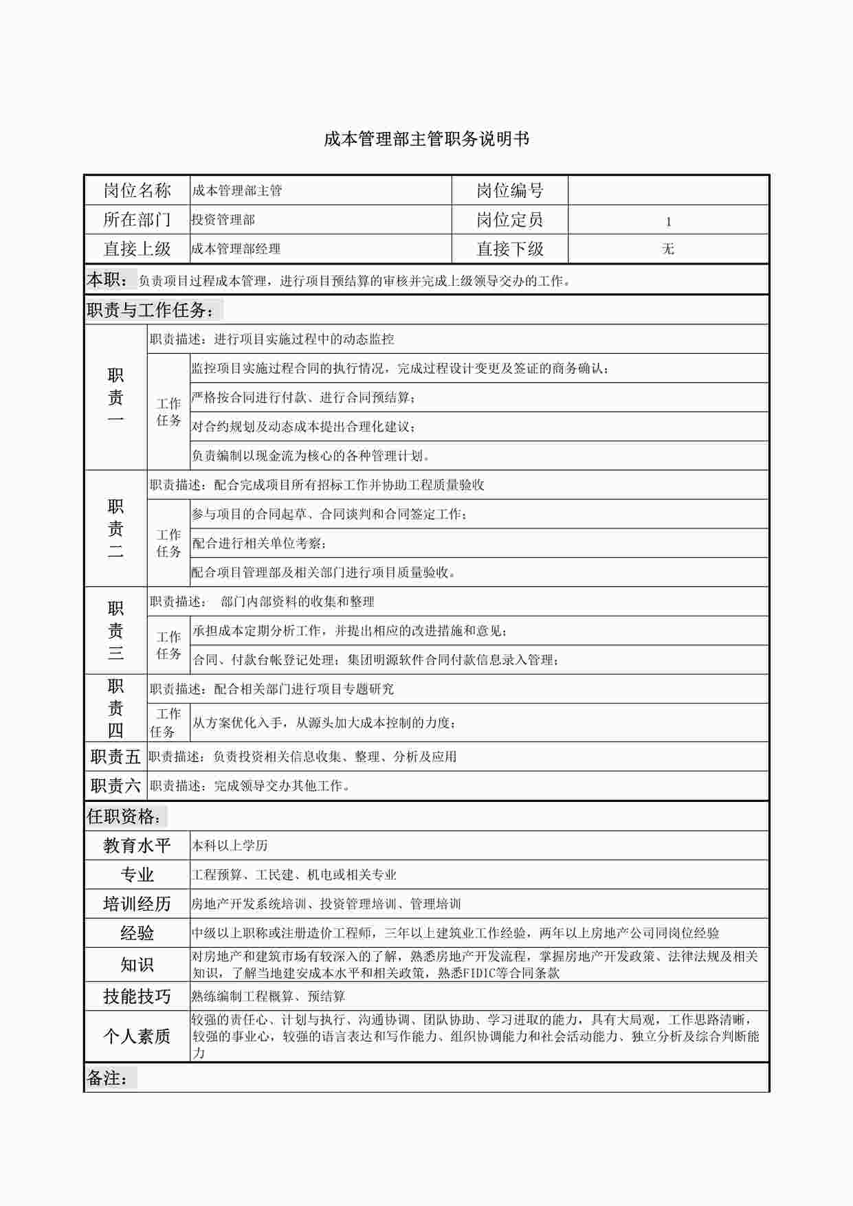 “成本管理部主管职务说明书DOCX”第1页图片