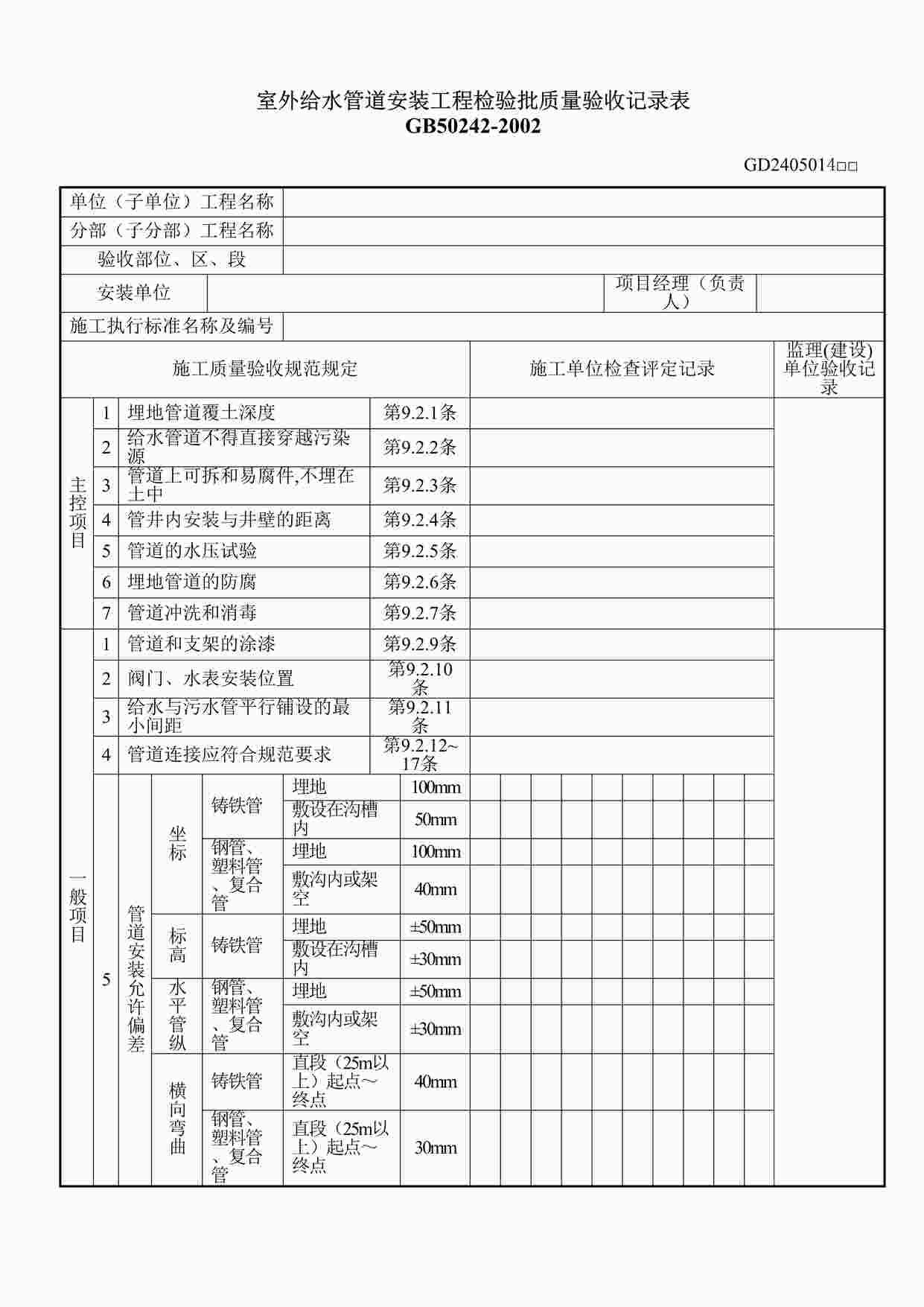 “室外给水管道安装工程检验批质量验收记录表DOC”第1页图片