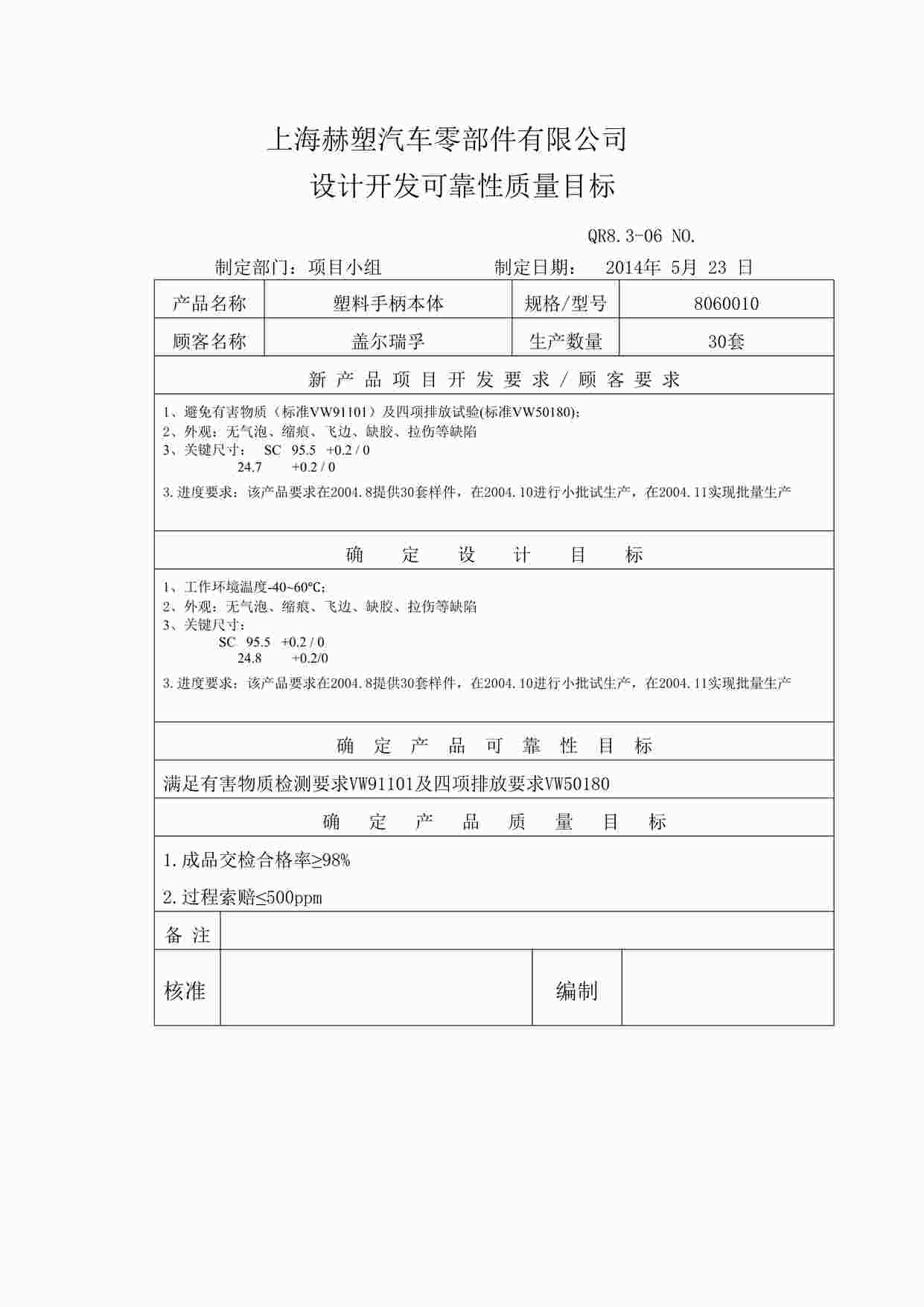 “上海赫塑汽车零部件公司QR8.3-06设计开发可靠性质量目标DOC”第1页图片