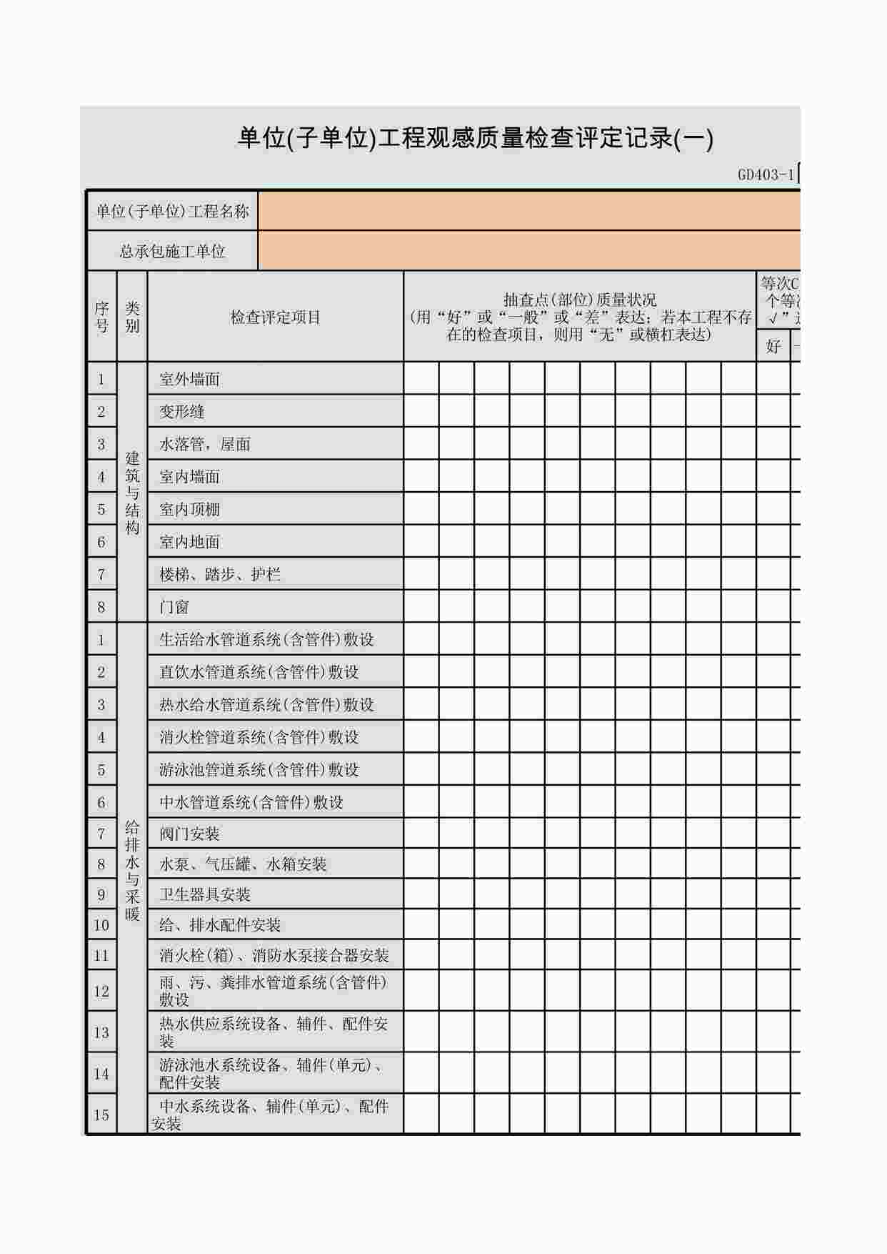 “单位(子单位)工程观感质量检查评定记录(一)~(七)XLS”第1页图片