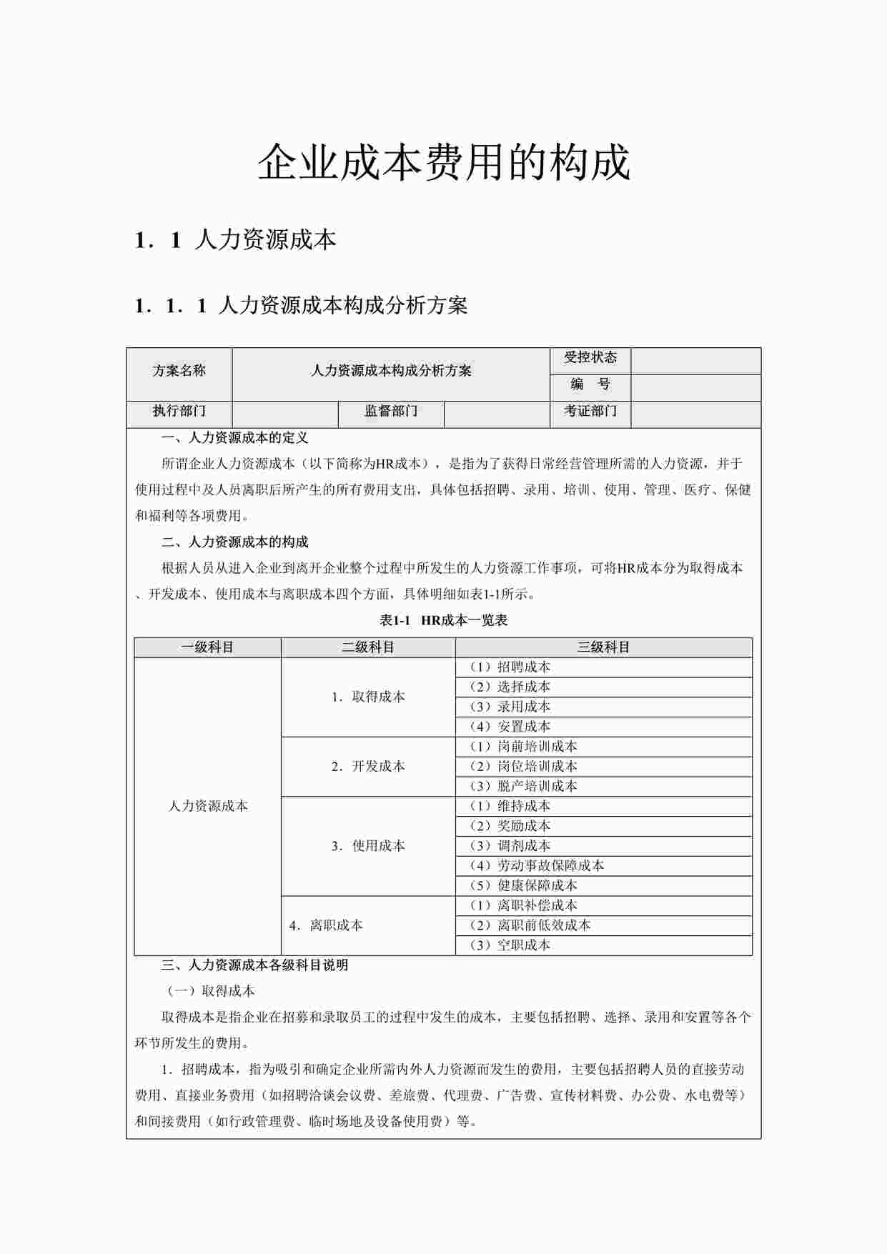 “成本分析-企业人力资源成本费用的构成DOCX”第1页图片