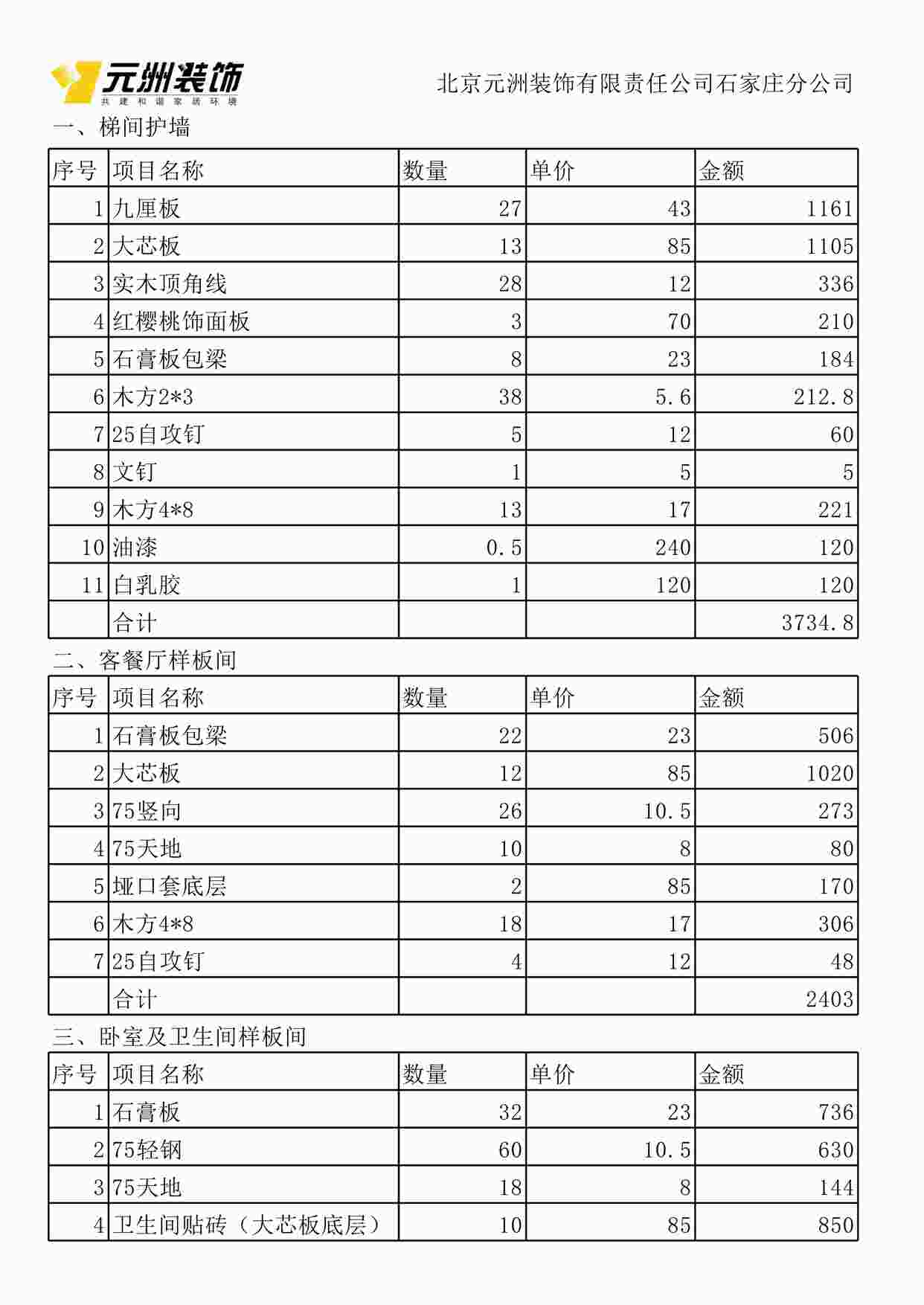 “元洲装饰凯莱金第二层装修预算XLS”第1页图片