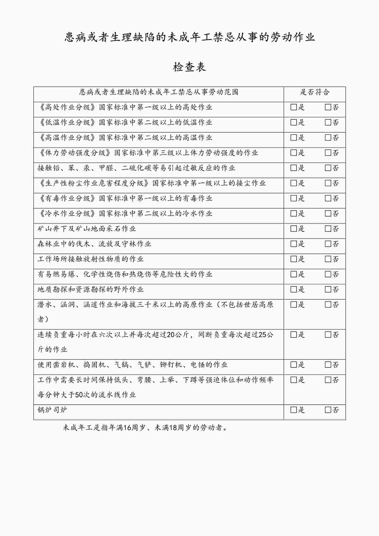 “未成年工劳动保护合规检查表2-患病或者生理缺陷禁忌从事作业-工具DOC”第1页图片