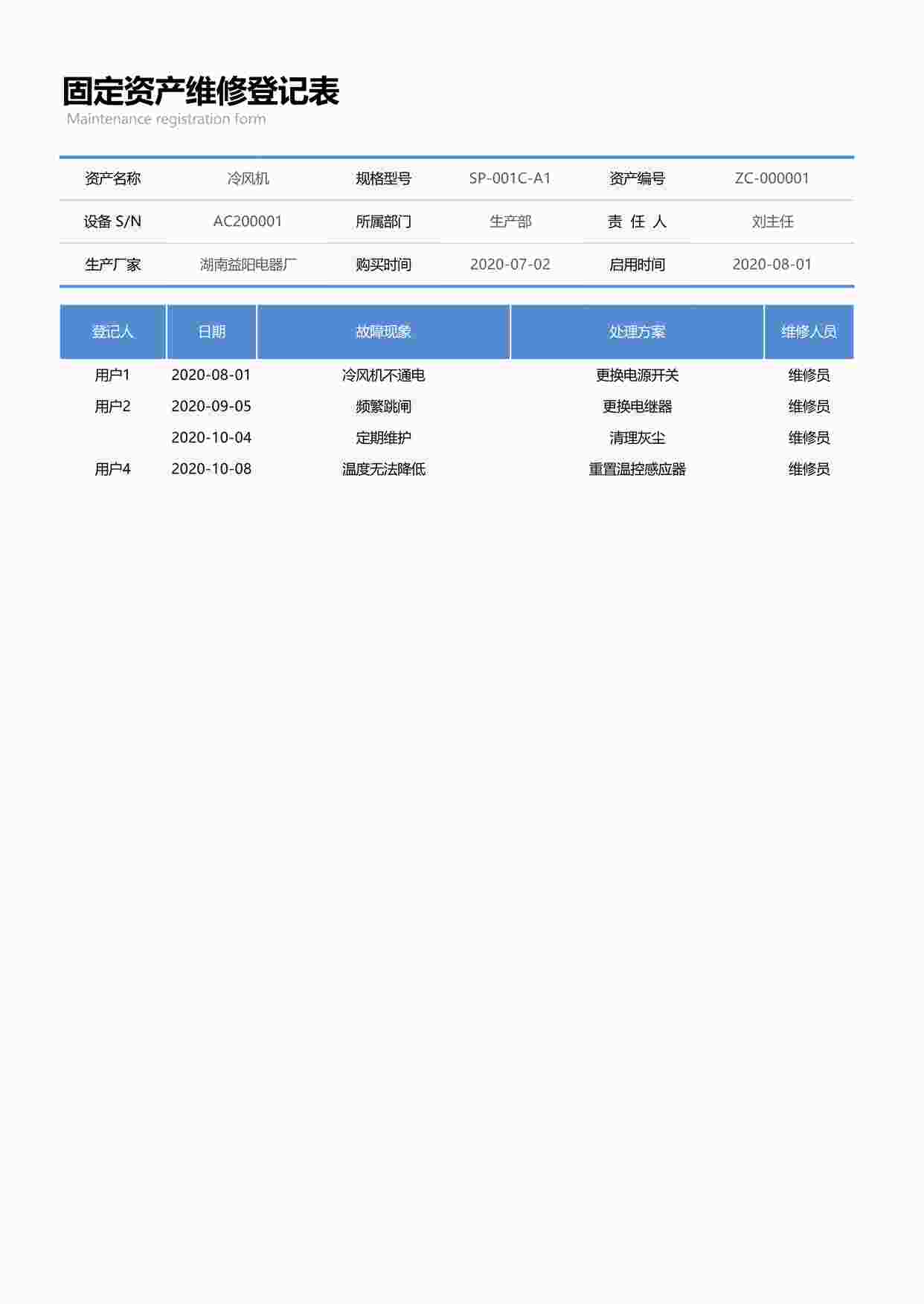 “固定资产维修登记表XLSX”第1页图片