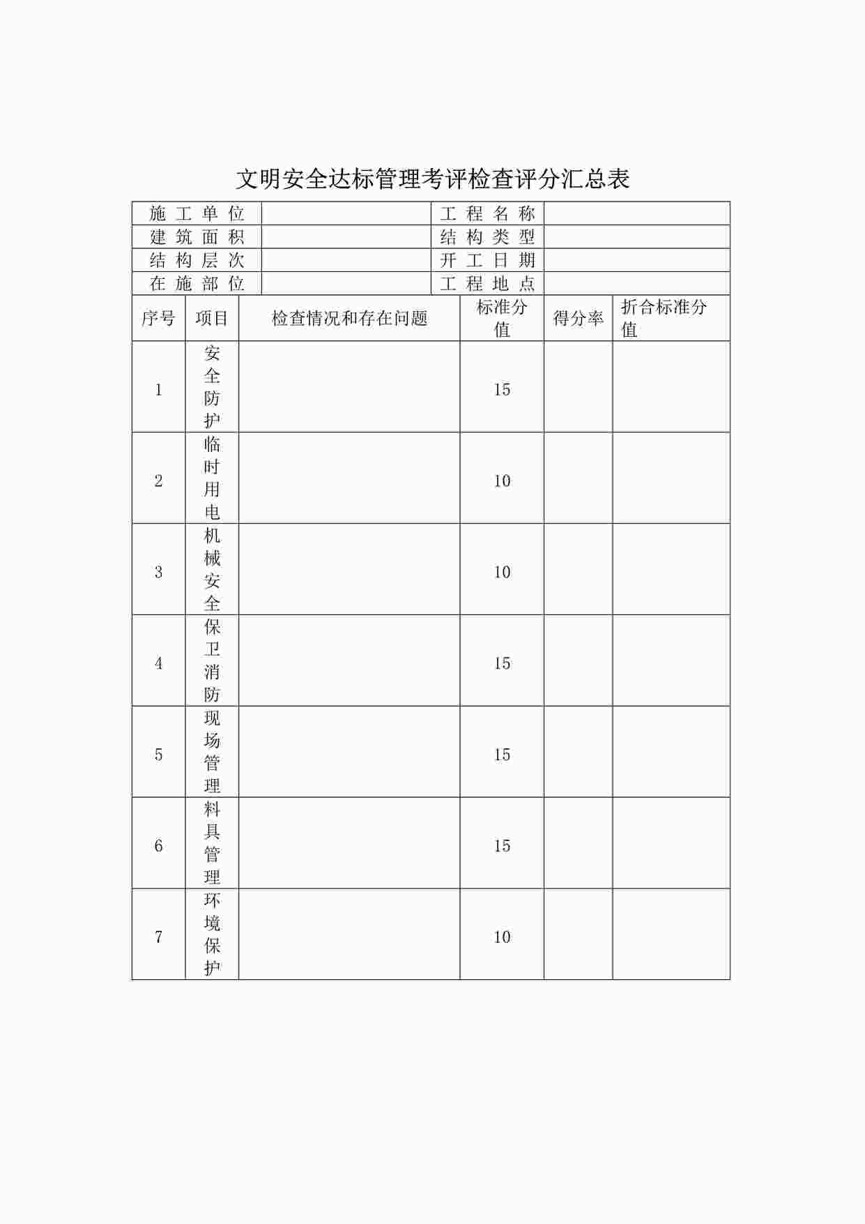 “文明安全达标管理考评检查评分汇总表DOC”第1页图片