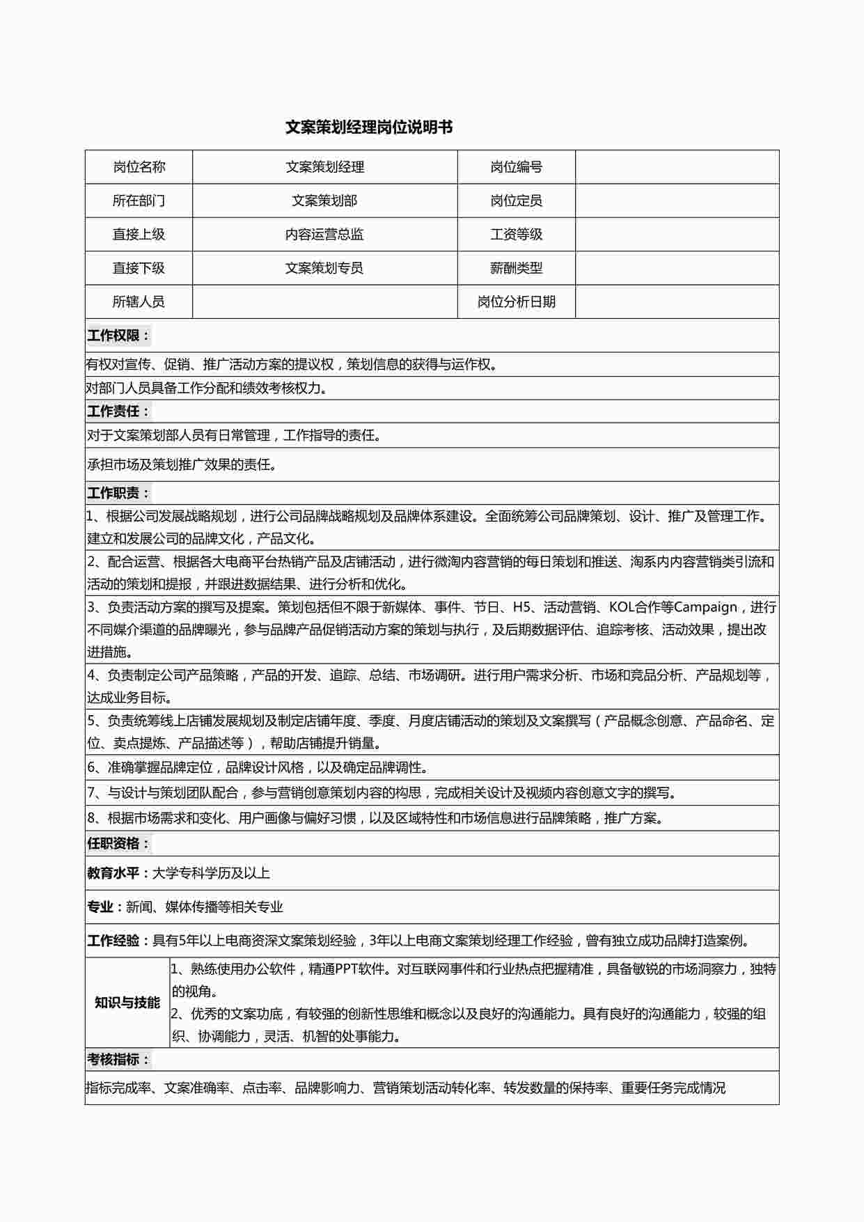 “2024年文案策划经理岗位说明书DOCX”第1页图片