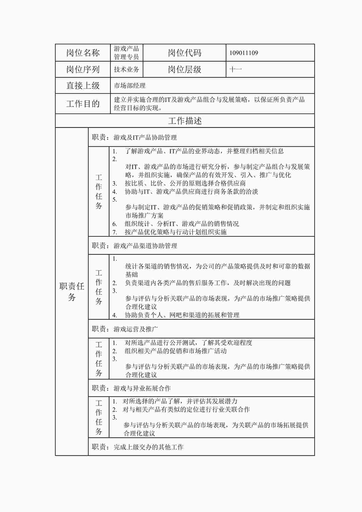 “20xx年某公司游戏产品管理专员职位说明书DOC”第1页图片