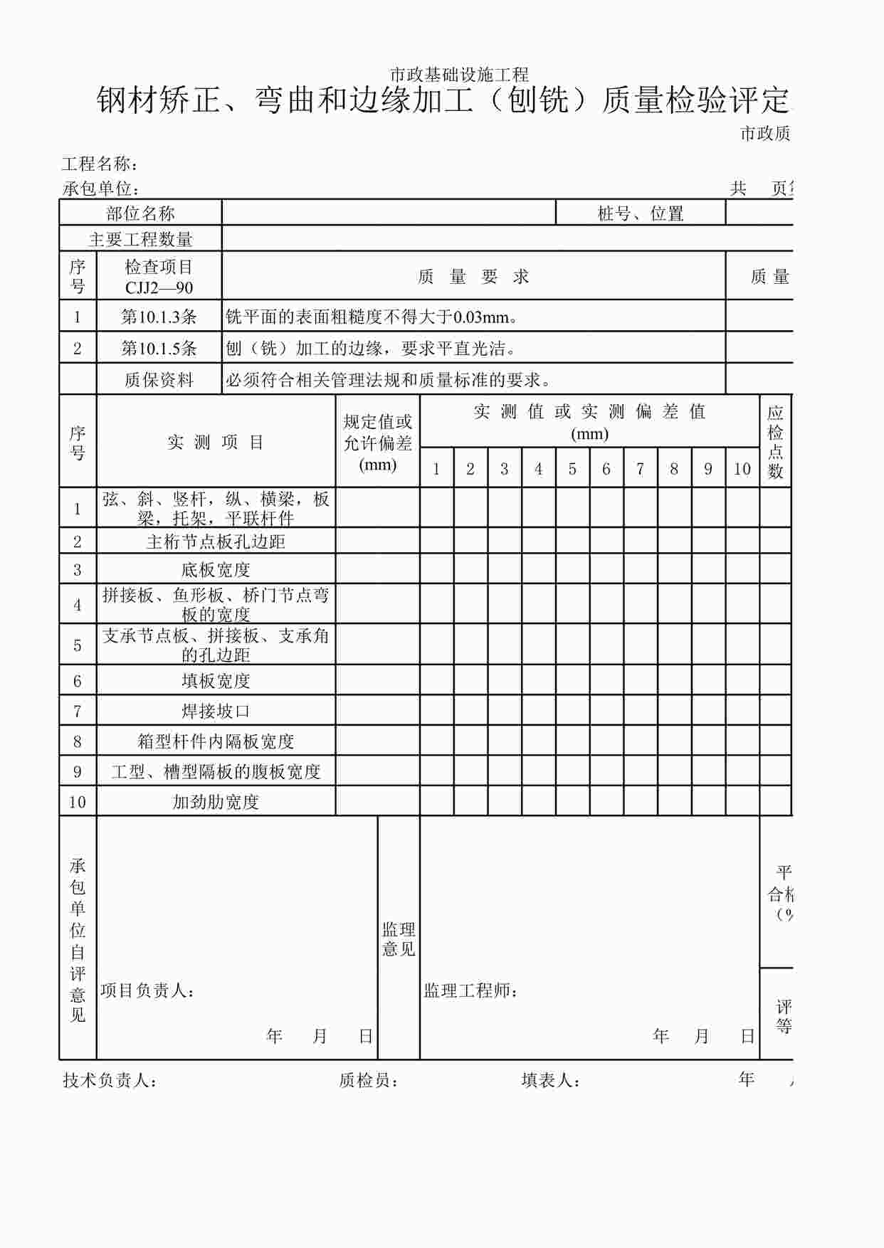 “钢材矫正、弯曲和边缘加工（刨铣）质量检验评定表XLS”第1页图片