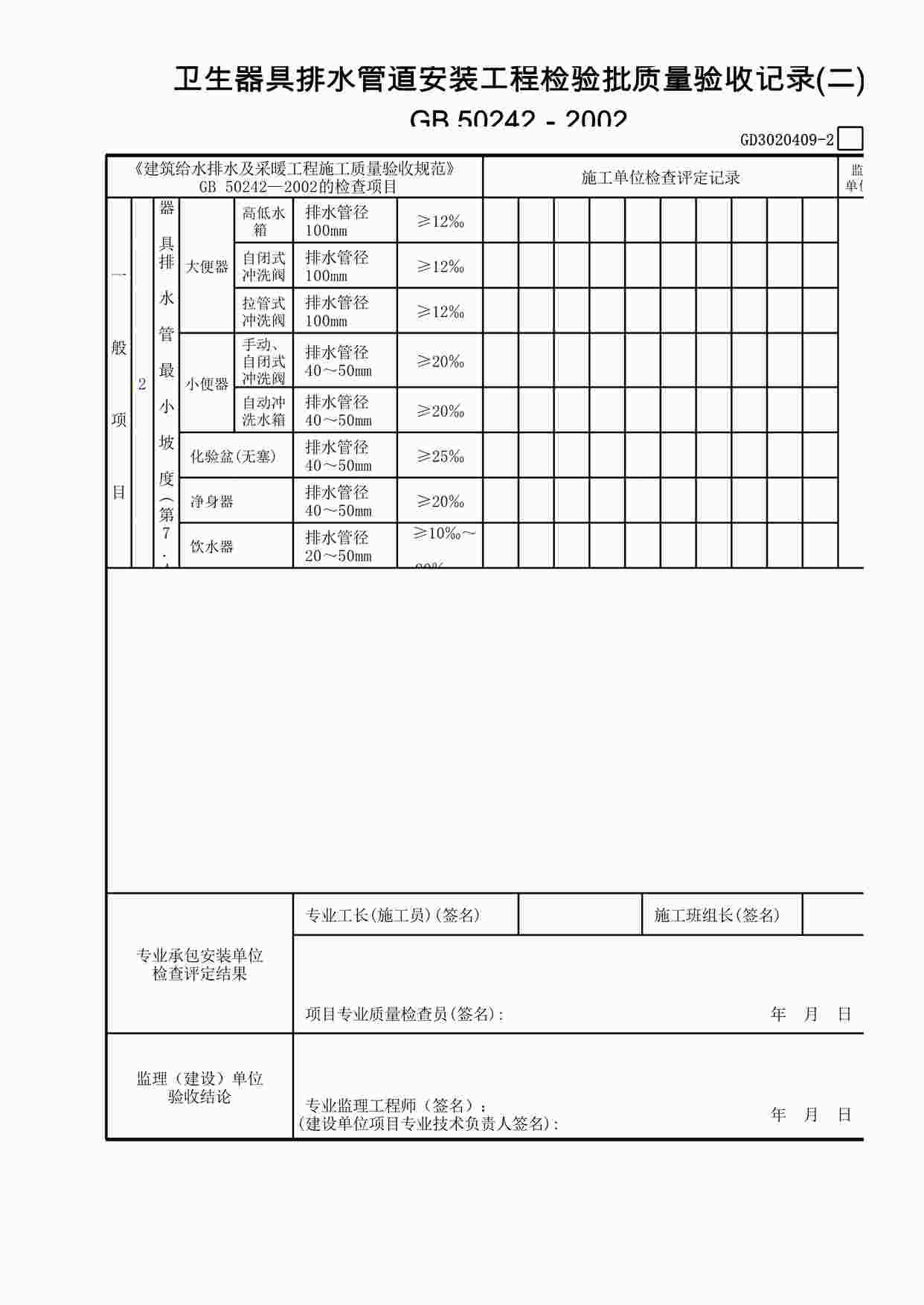 “卫生器具排水管道安装工程检验批质量验收记录(2)XLS”第1页图片