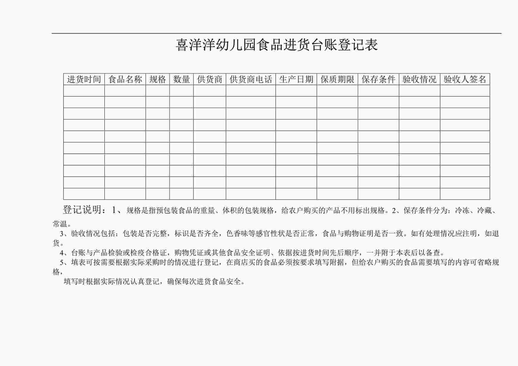 “幼儿园食品进货台账表DOC”第1页图片