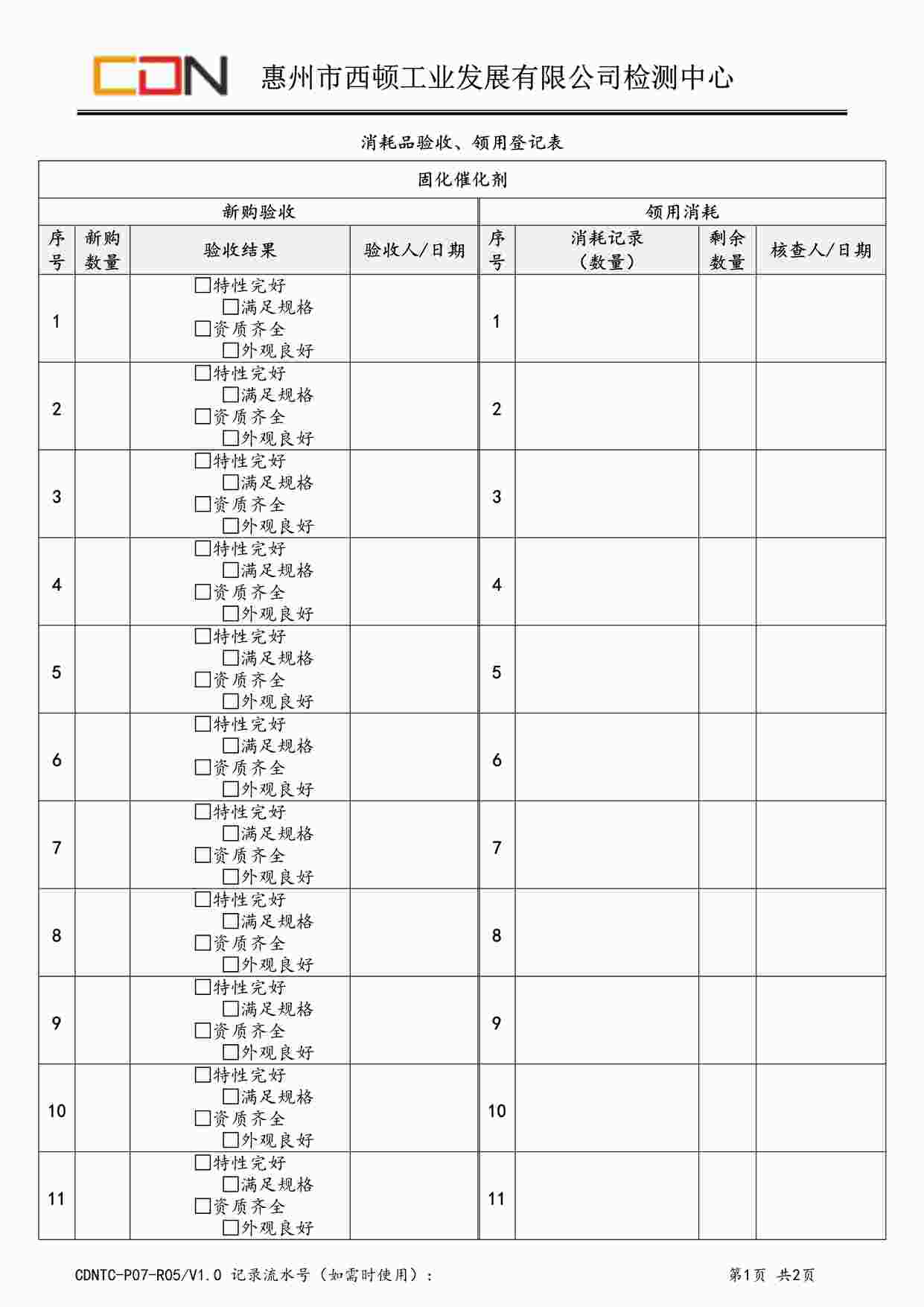 “西顿照明CDNTC-P07-R05消耗品验收、领用登记表V1.0-固化催化剂DOC”第1页图片