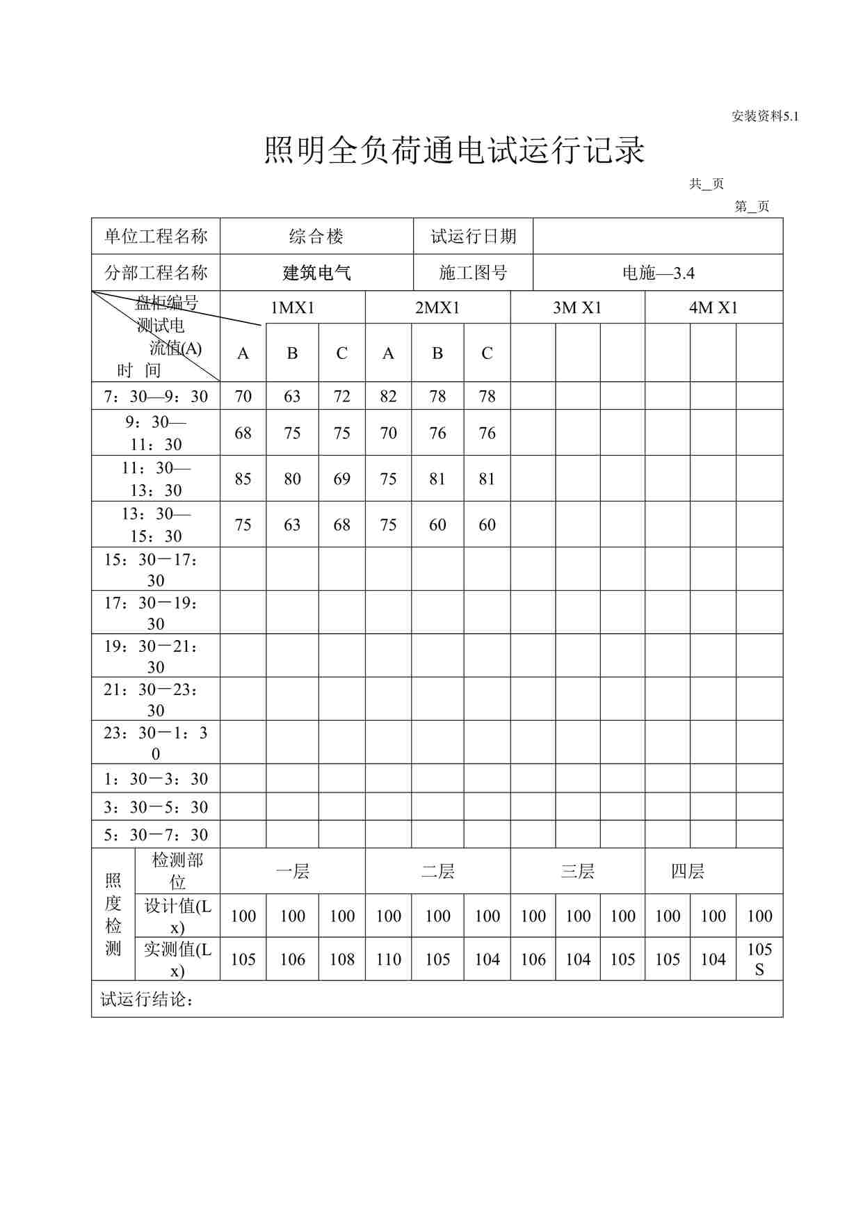 “绍兴某酒厂工程照明全负荷通电试运记录53DOC”第1页图片