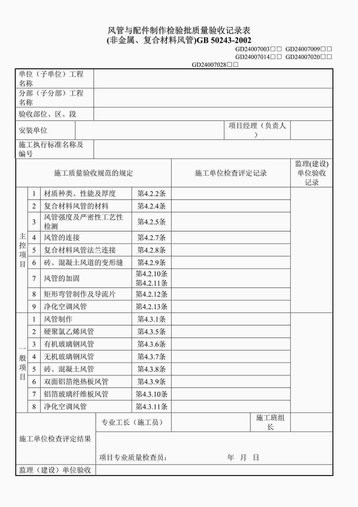 “风管与配件制作检验批质量验收记录表（非金属、复合材料风管）DOC”第1页图片