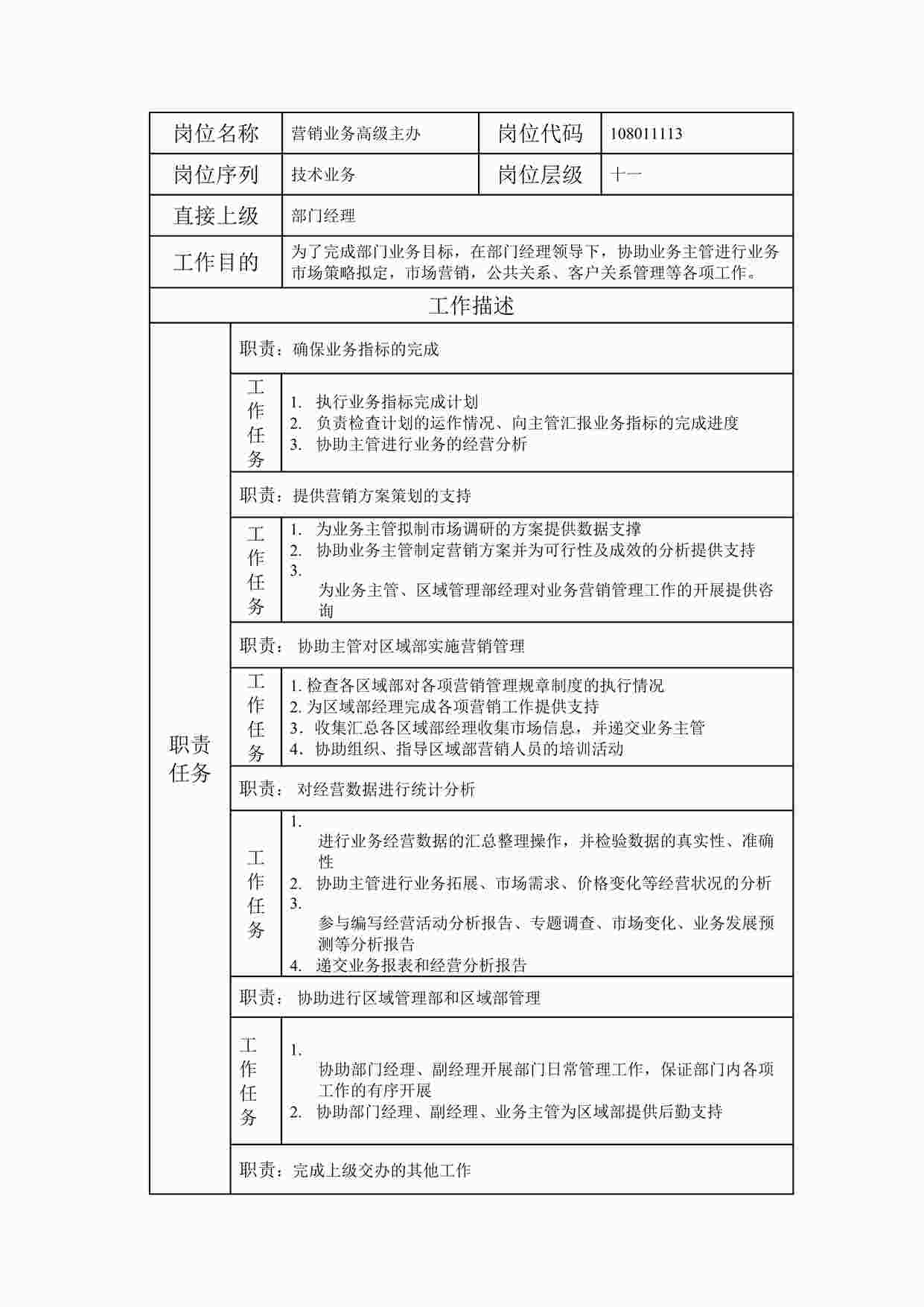 “最新营销业务高级主办职位说明书DOC”第1页图片