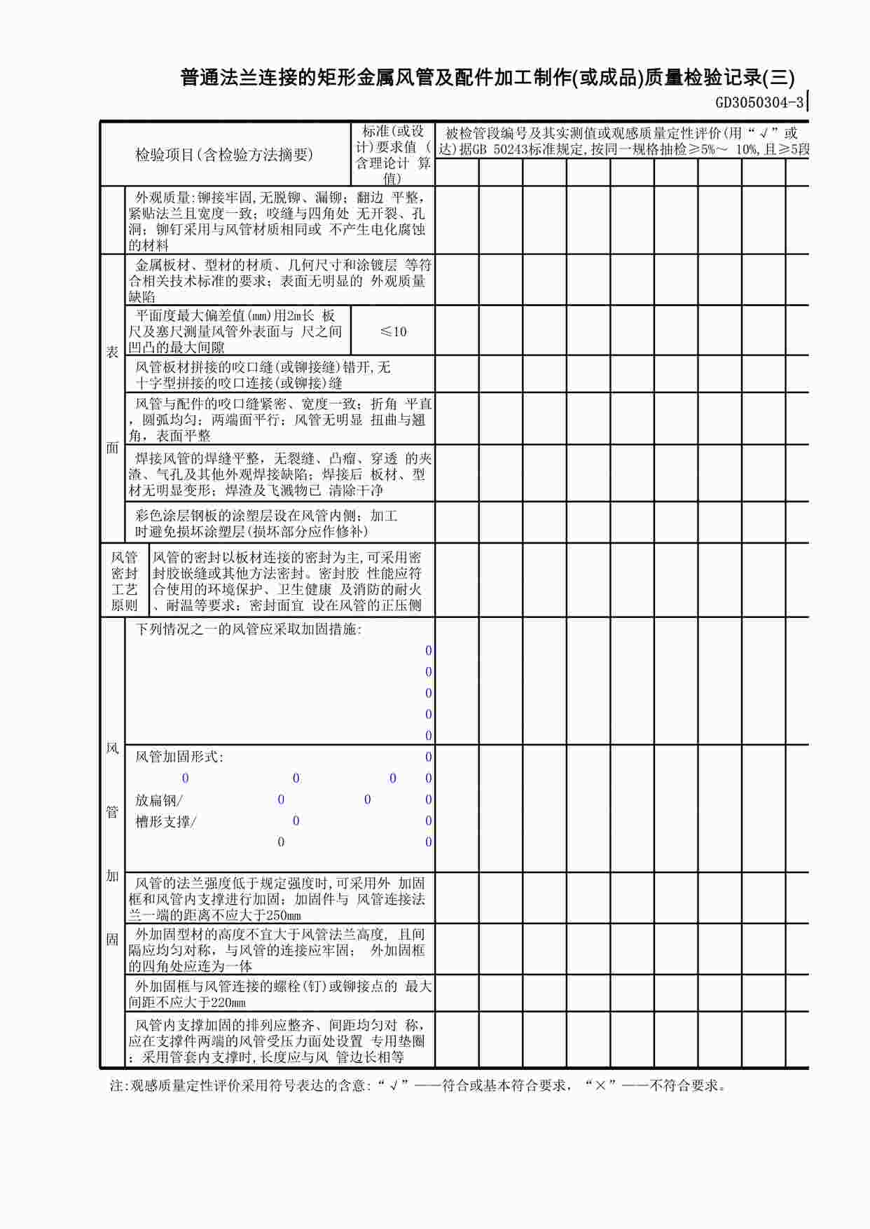 “普通法兰连接的矩形金属风管及配件加工制作(或成品)质量检验记录(3)XLS”第1页图片