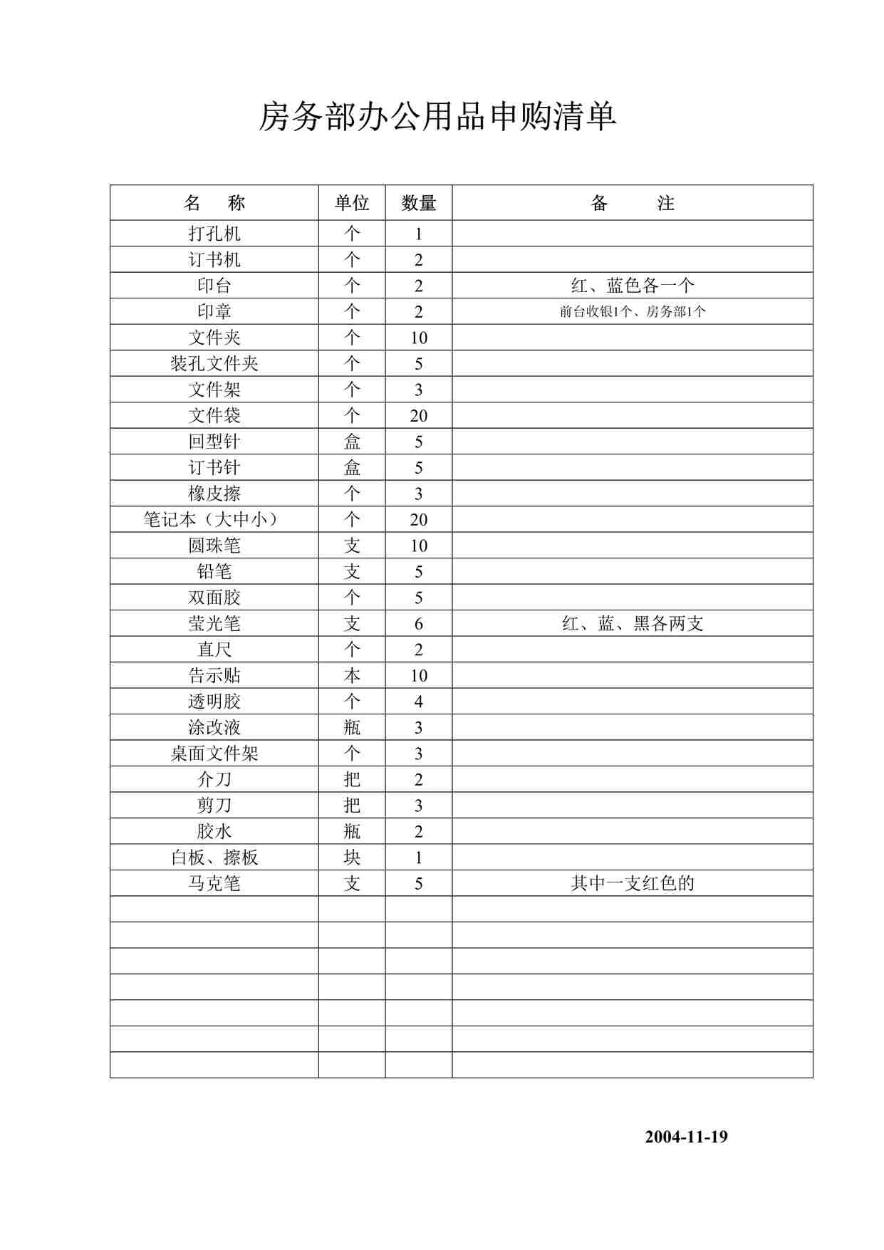 “石景山庄酒店房务办公用品申购清单DOC”第1页图片