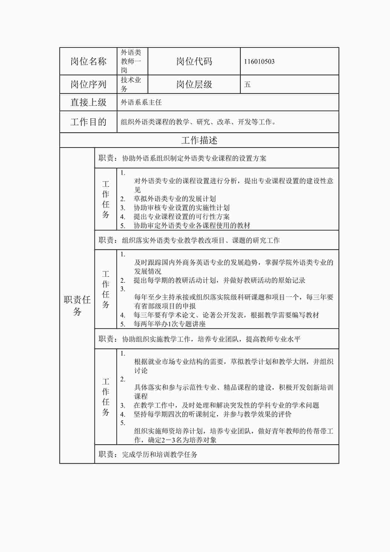 “岗位说明书外语类教师一岗DOC”第1页图片