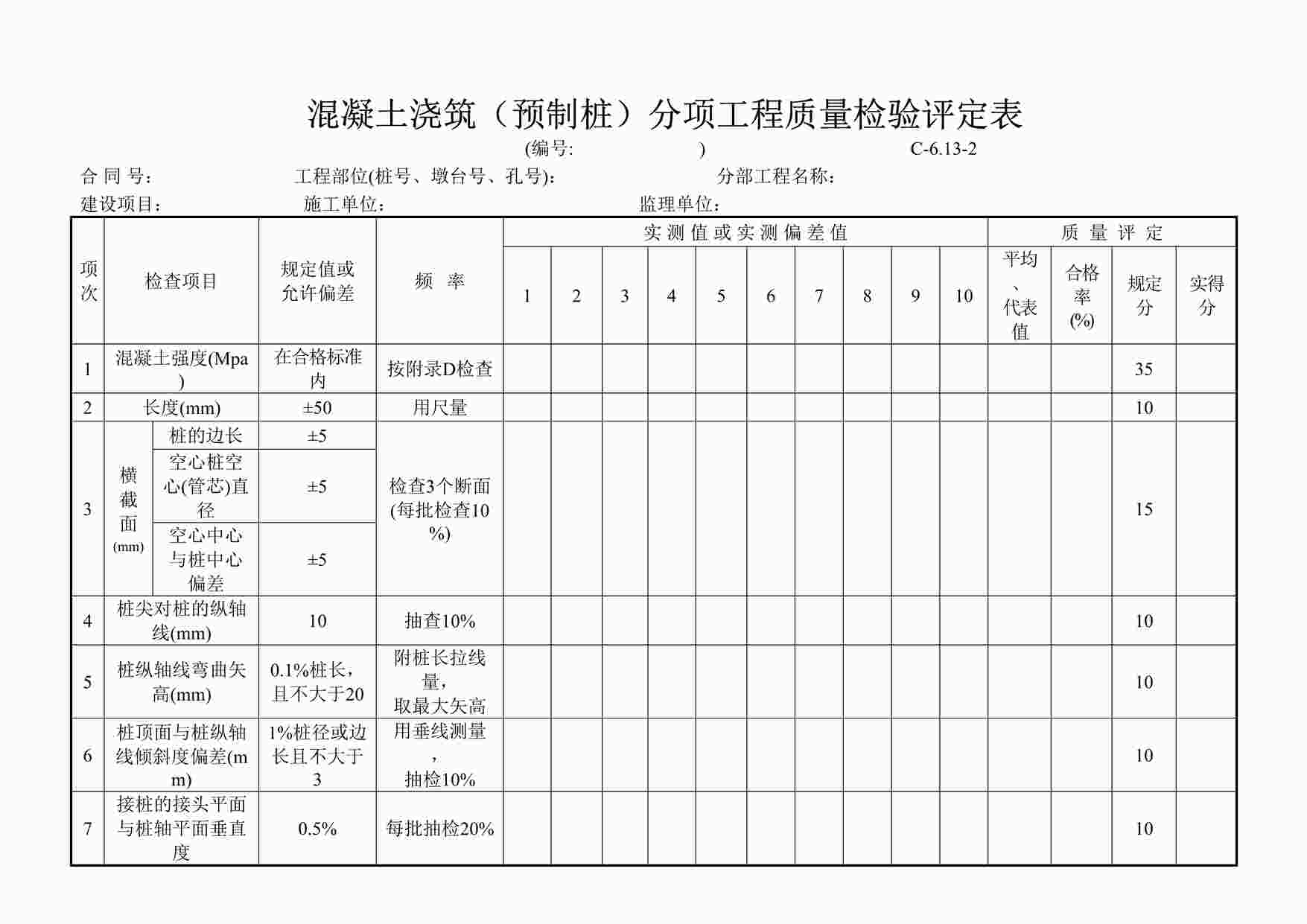 “C-6.13-2混凝土浇筑（预制桩）评定表DOC”第1页图片