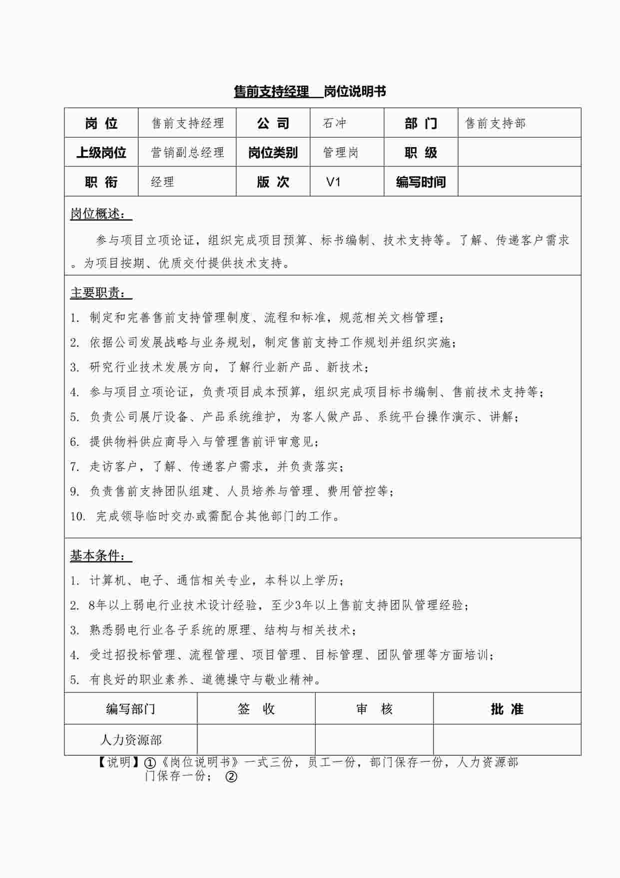 “售前支持经理岗位说明书DOCX”第1页图片