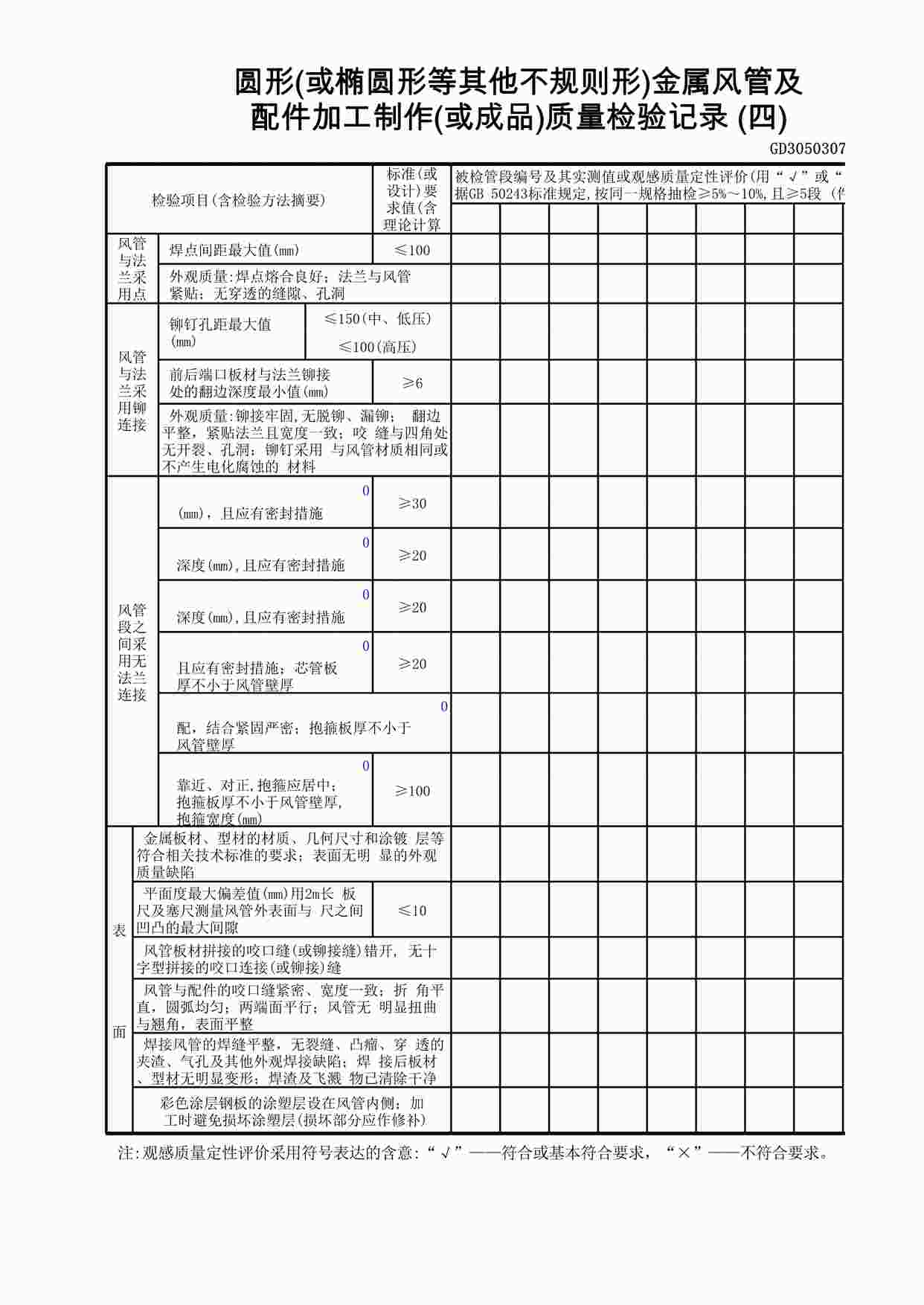 “圆形(或椭圆形等其它不规则形)金属风管及配件加工制作(或成品)质量检验记录(4)XLS”第1页图片