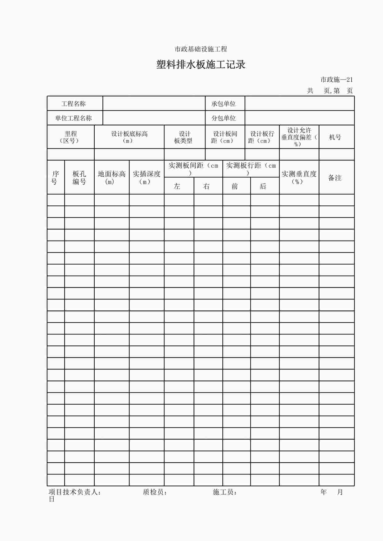 “施工记录221塑料排水板施工记录XLS”第1页图片