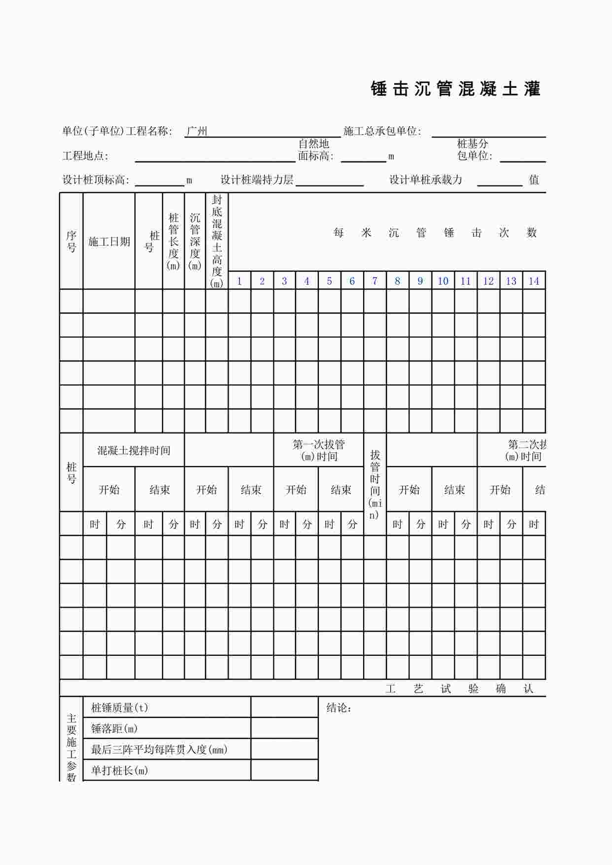 “锤击沉管混凝土灌注桩工程施工工艺试验记录表XLS”第1页图片