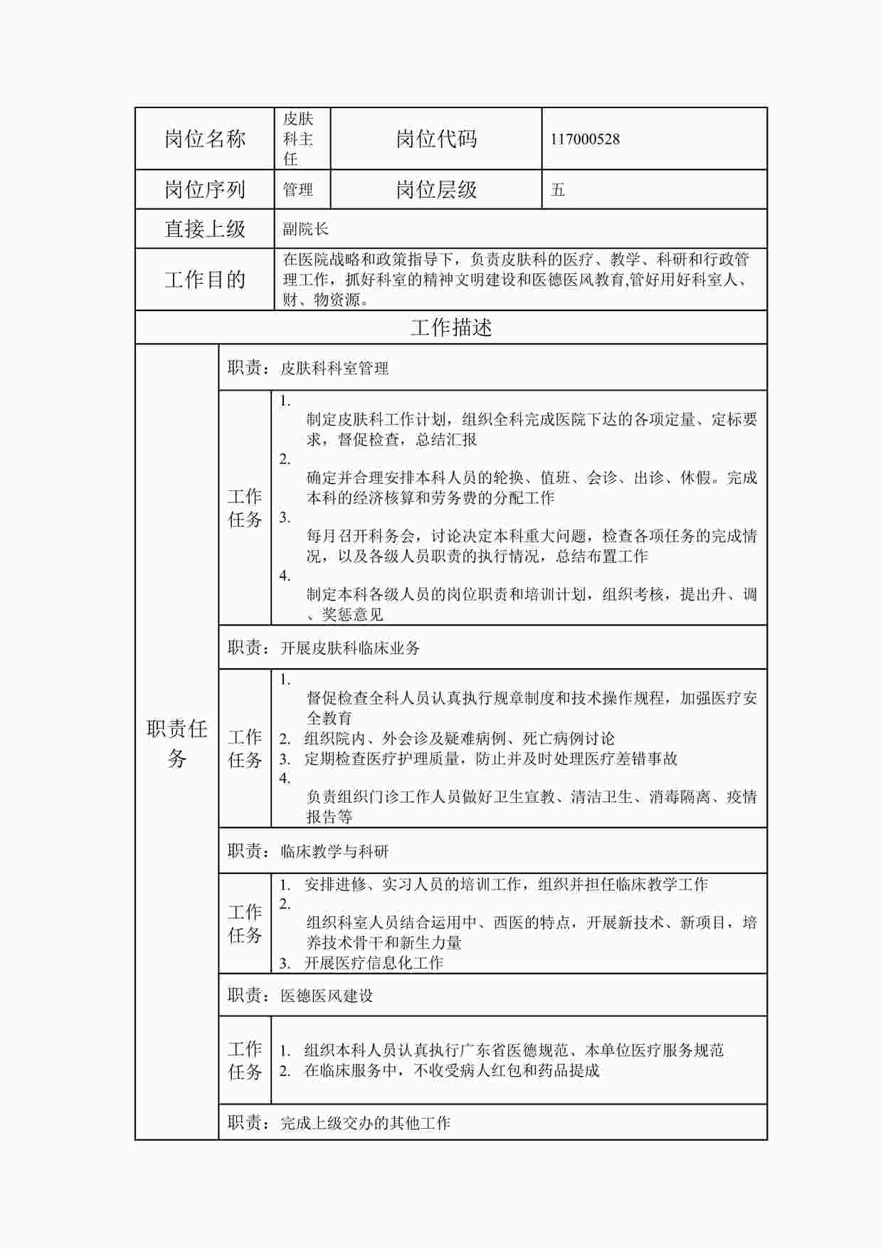 “最新皮肤科主任职位说明书DOC”第1页图片