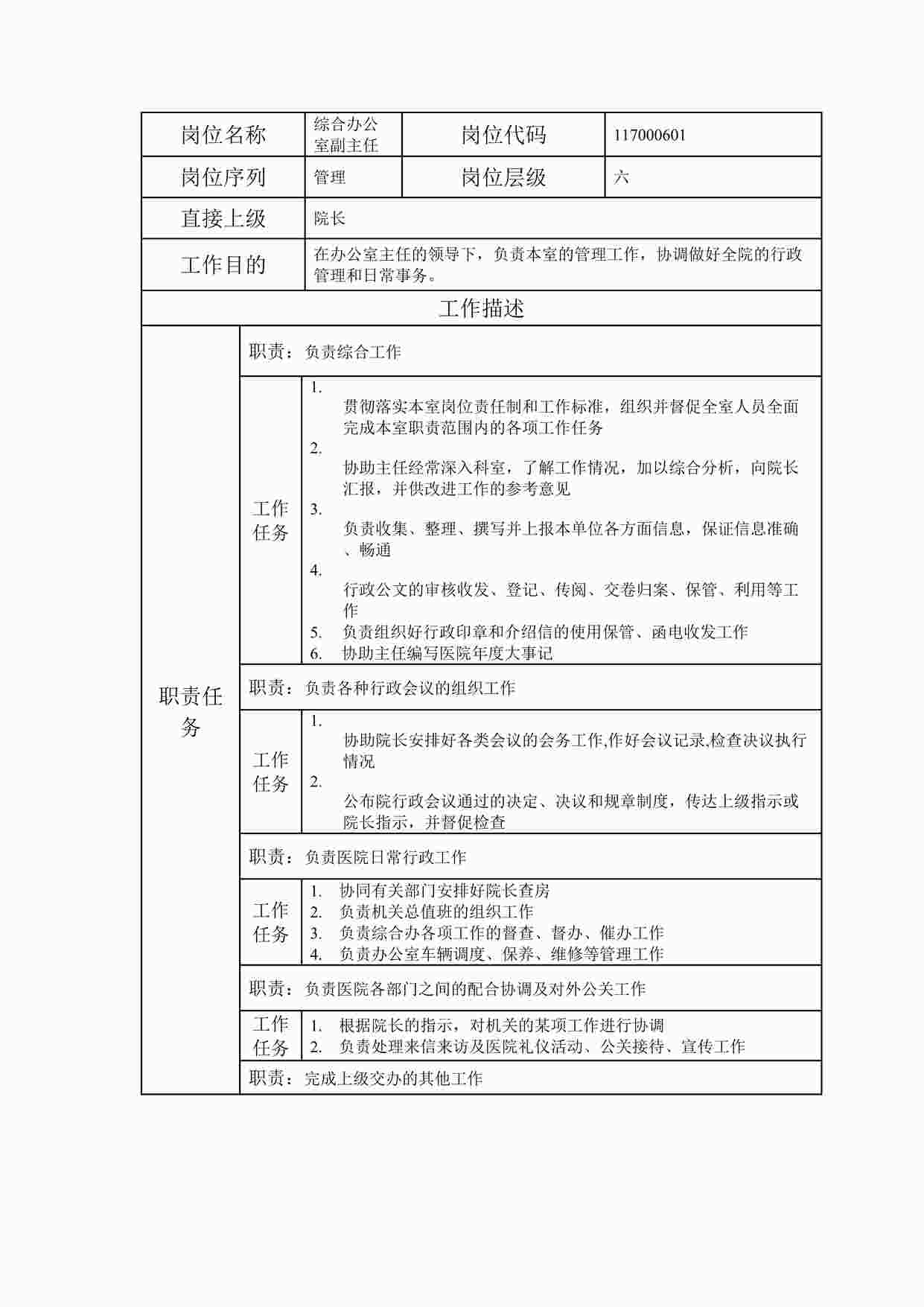 “最新部门综合办公室副主任职位说明书DOC”第1页图片