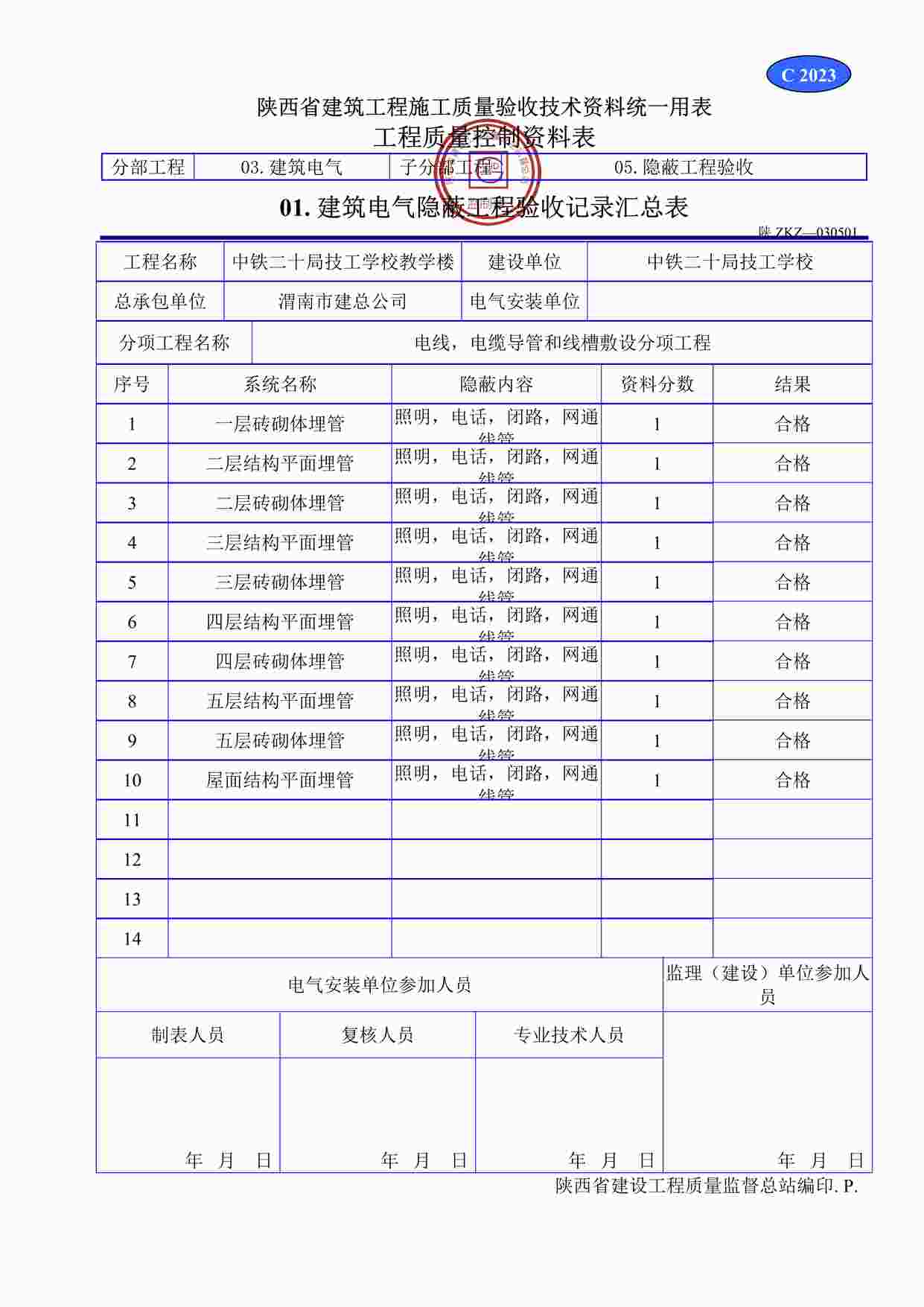 “C3023建筑电气隐蔽工程验收记录汇总表DOC”第1页图片