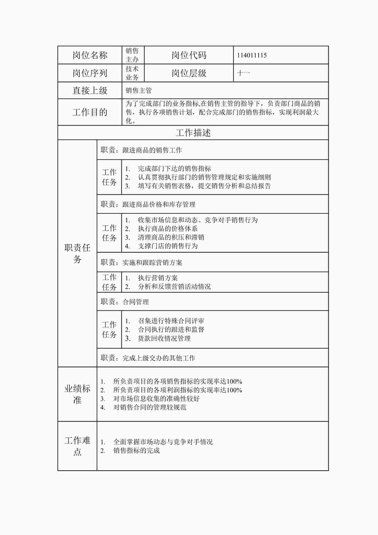 “最新销售主办职位说明书DOC”第1页图片