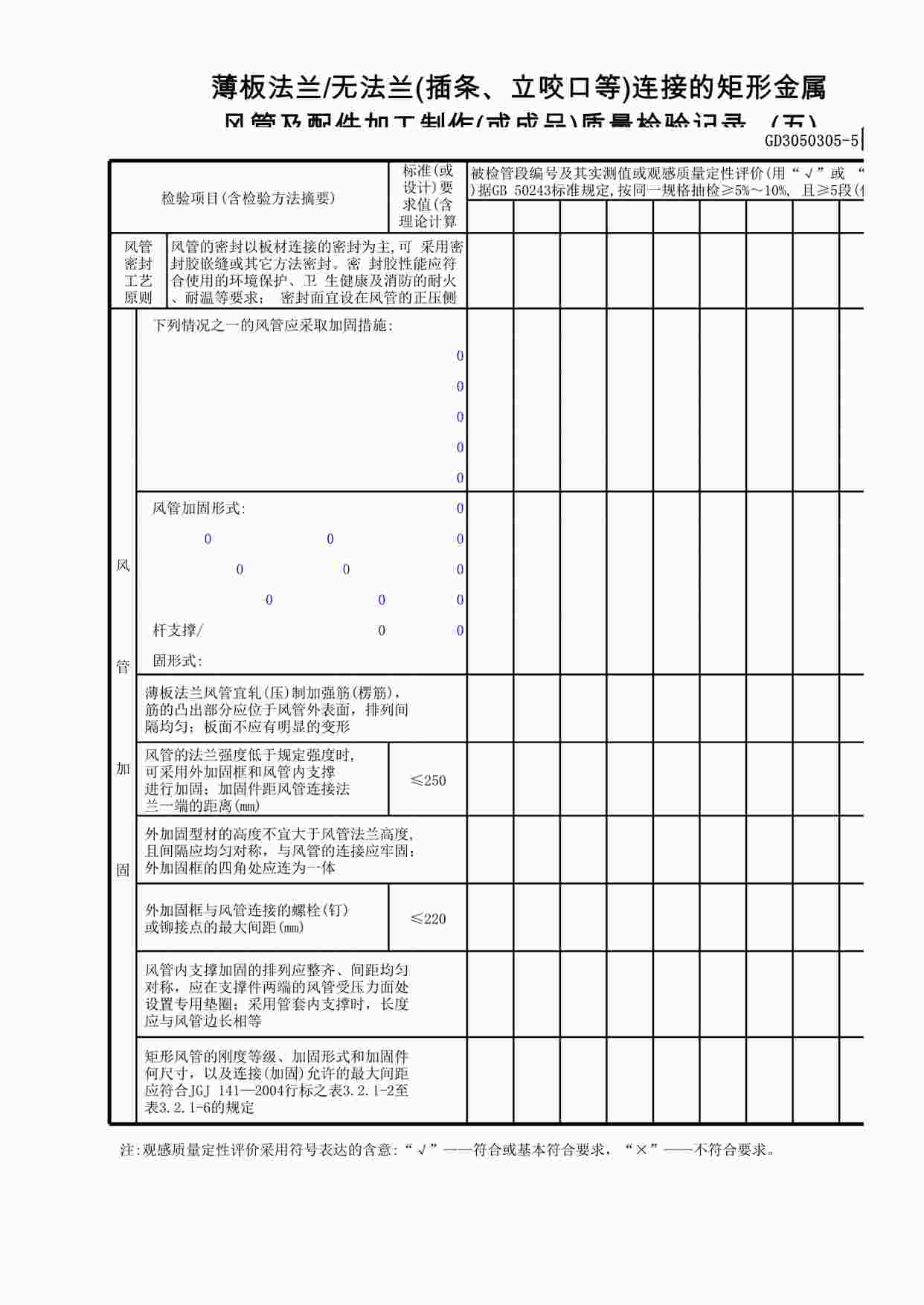 “薄板法兰—无法兰(插条、立咬口等)连接的矩形金属风管及配件加工制作(或成品)质量检验记录(5)XLS”第1页图片