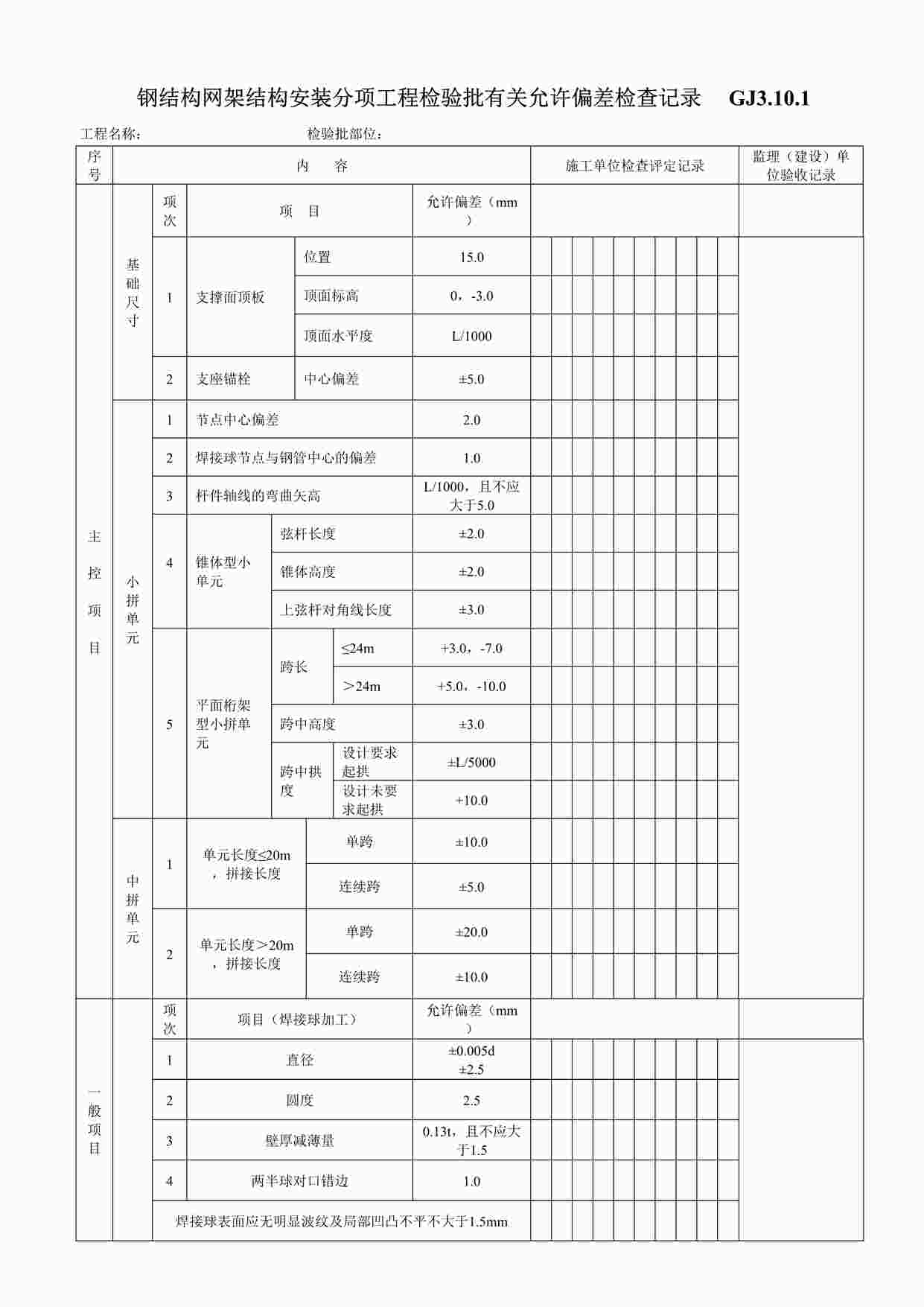 “钢结构网架结构安装分项工程检验批有关允许偏差检查记录DOC”第1页图片