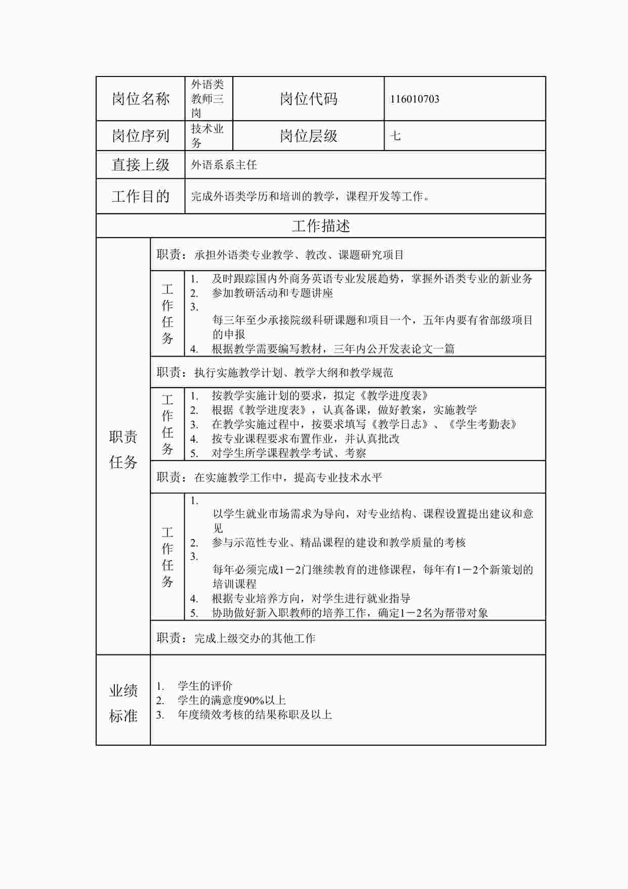 “最新外语类教师三岗职位说明书DOC”第1页图片