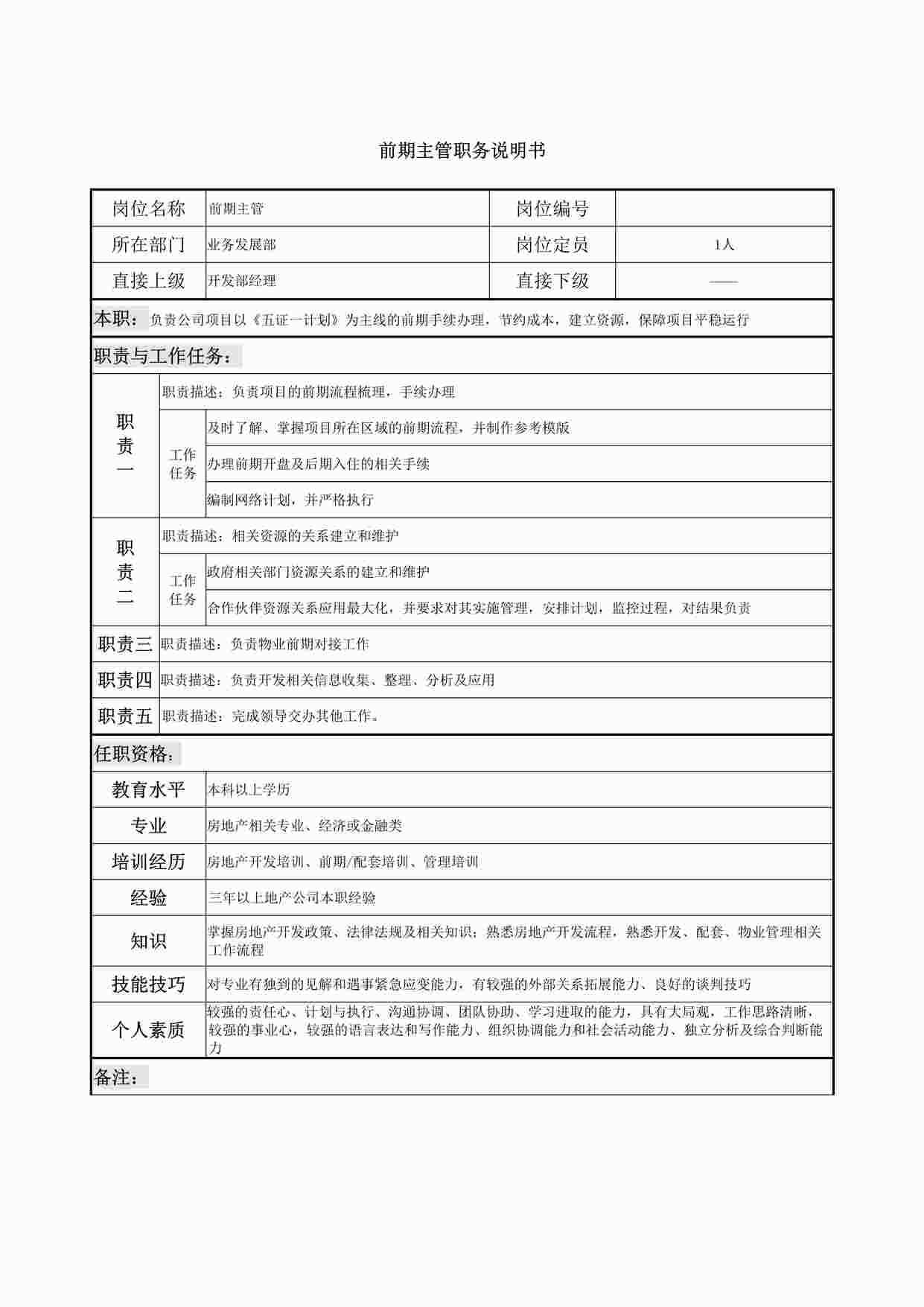 “前期主管职务说明书DOCX”第1页图片