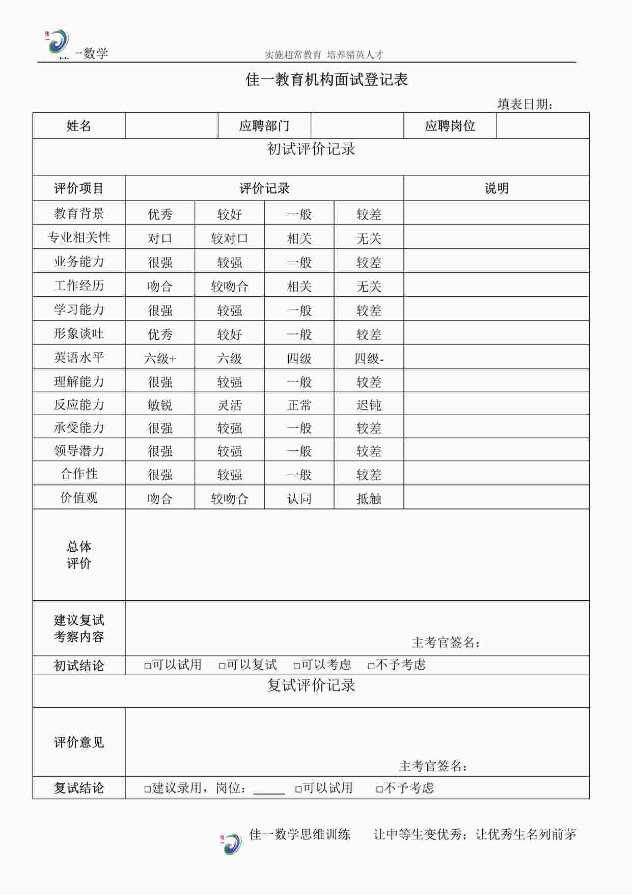 “培训机构HR03面试评价记录表DOC”第1页图片