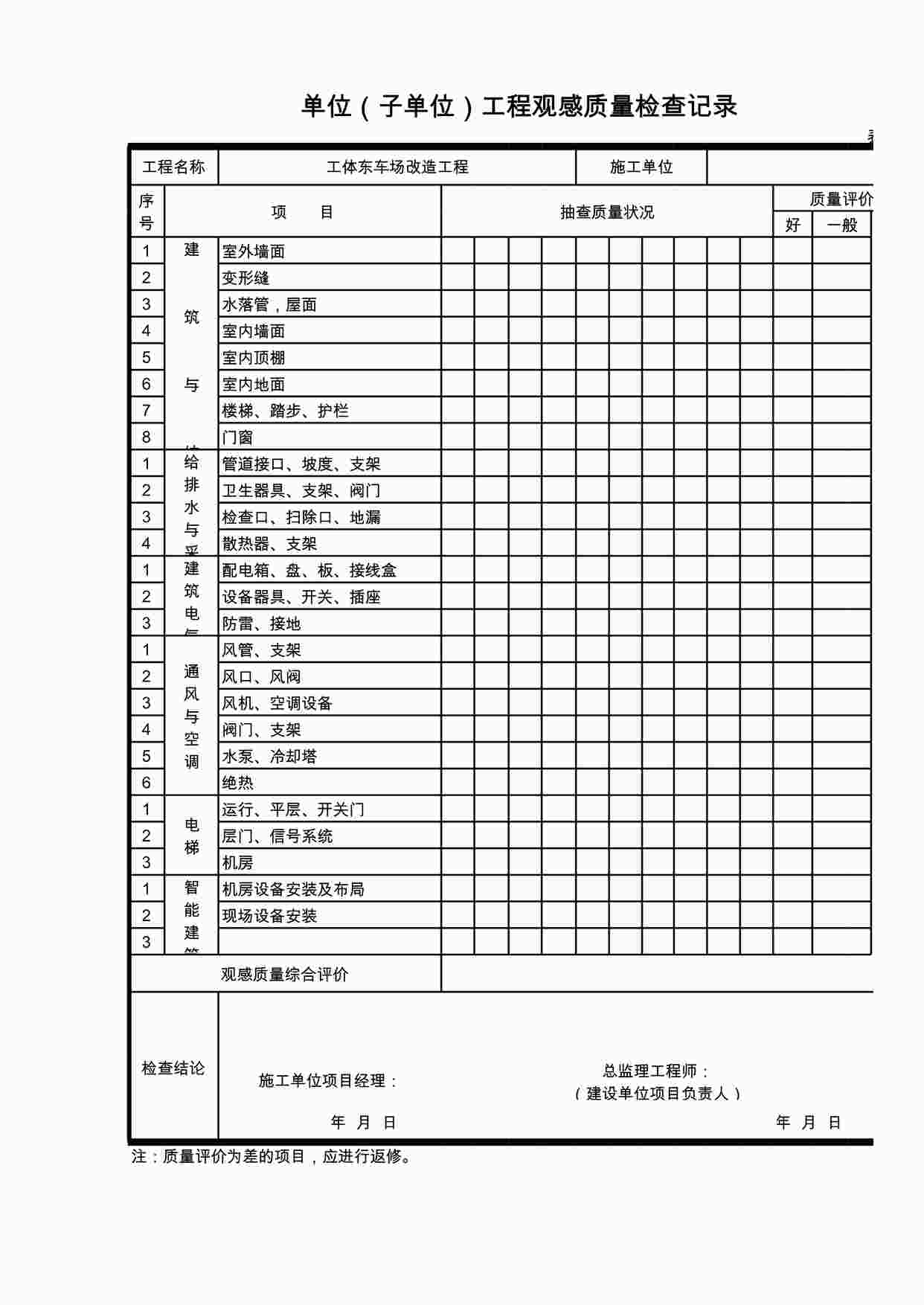 “车厂改造工程-单位(子单位)工程观感质量检查记录XLS”第1页图片