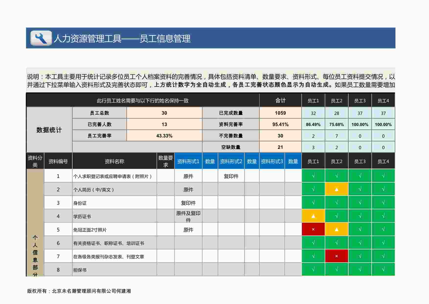 “多位员工个人档案完善情况统计表（已设置30位）XLSX”第1页图片