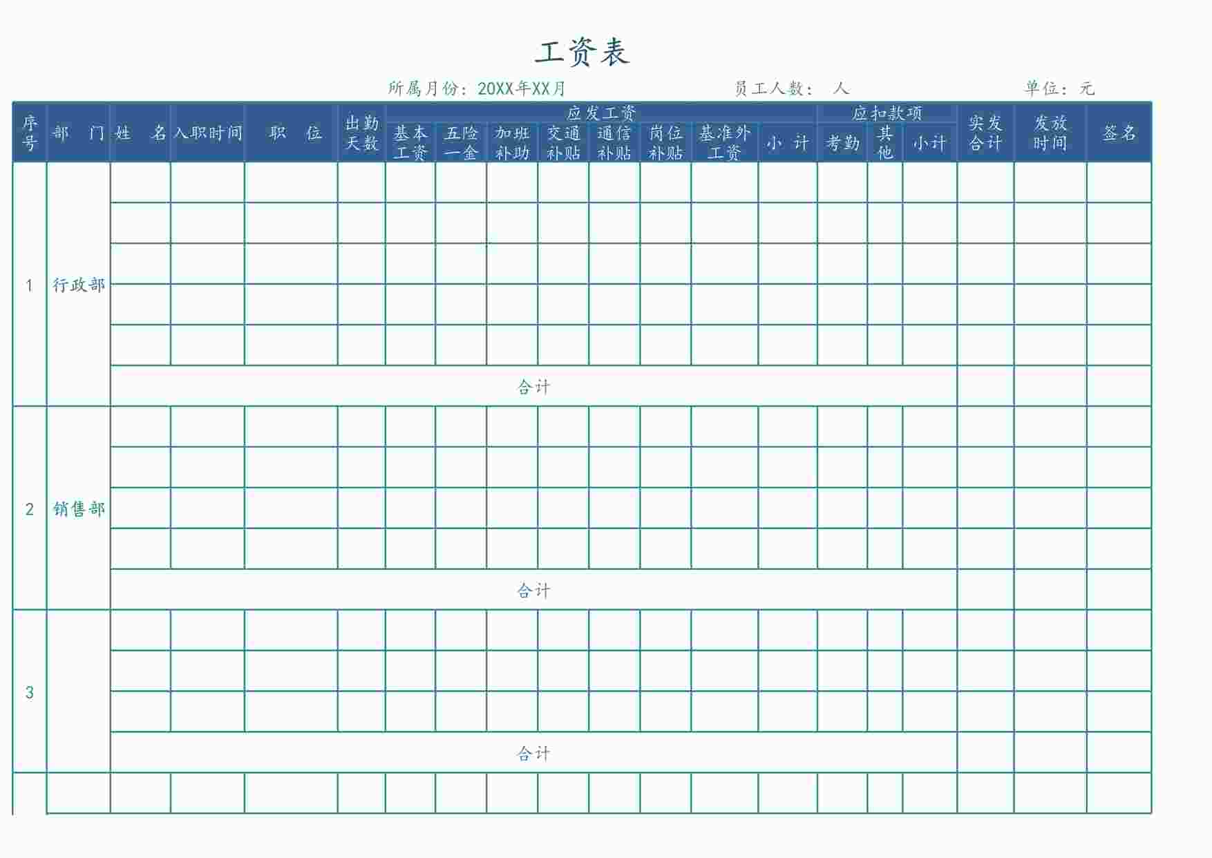 “工资表( 按部门分类 )XLS”第1页图片