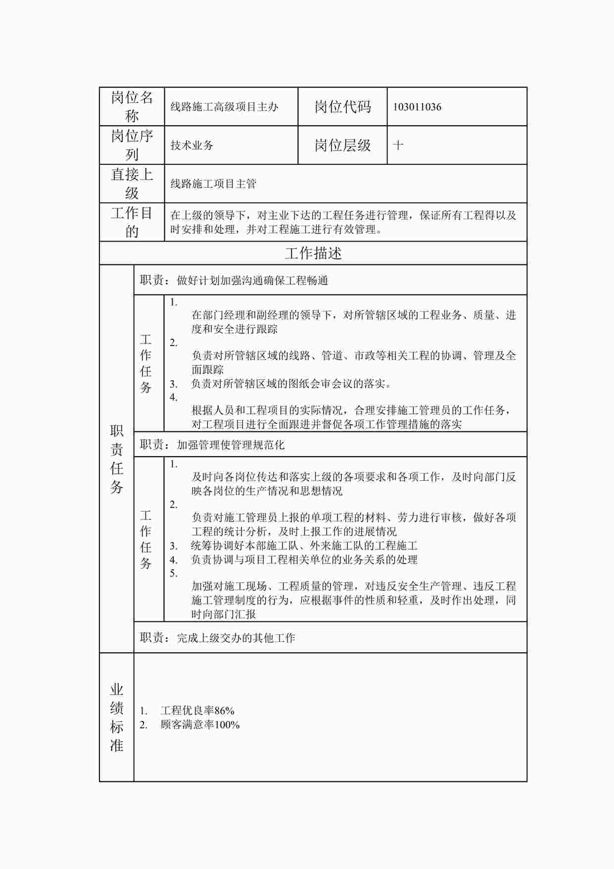 “20xx年某公司线路施工高级项目主办职位说明书DOC”第1页图片