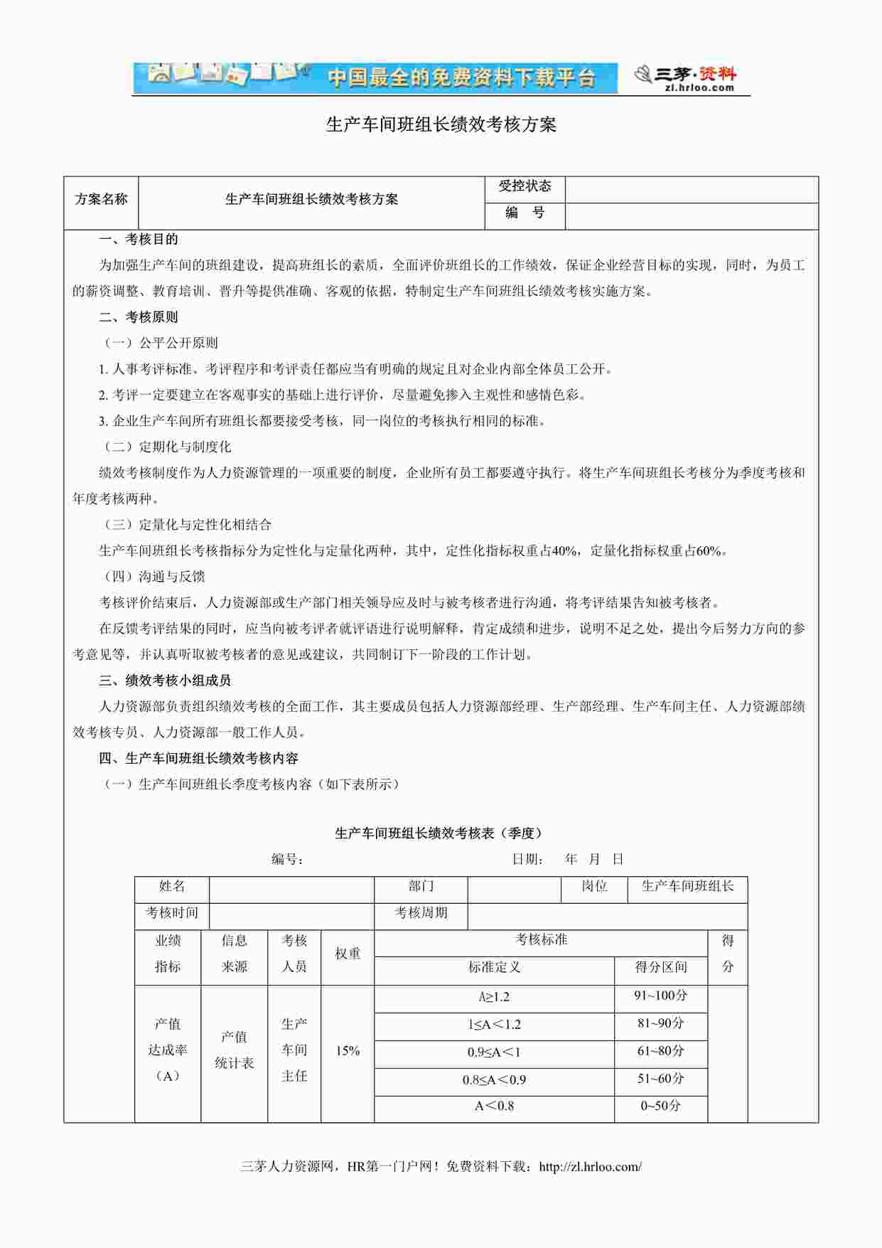 “生产车间班组长绩效考核方案-范本DOC”第1页图片