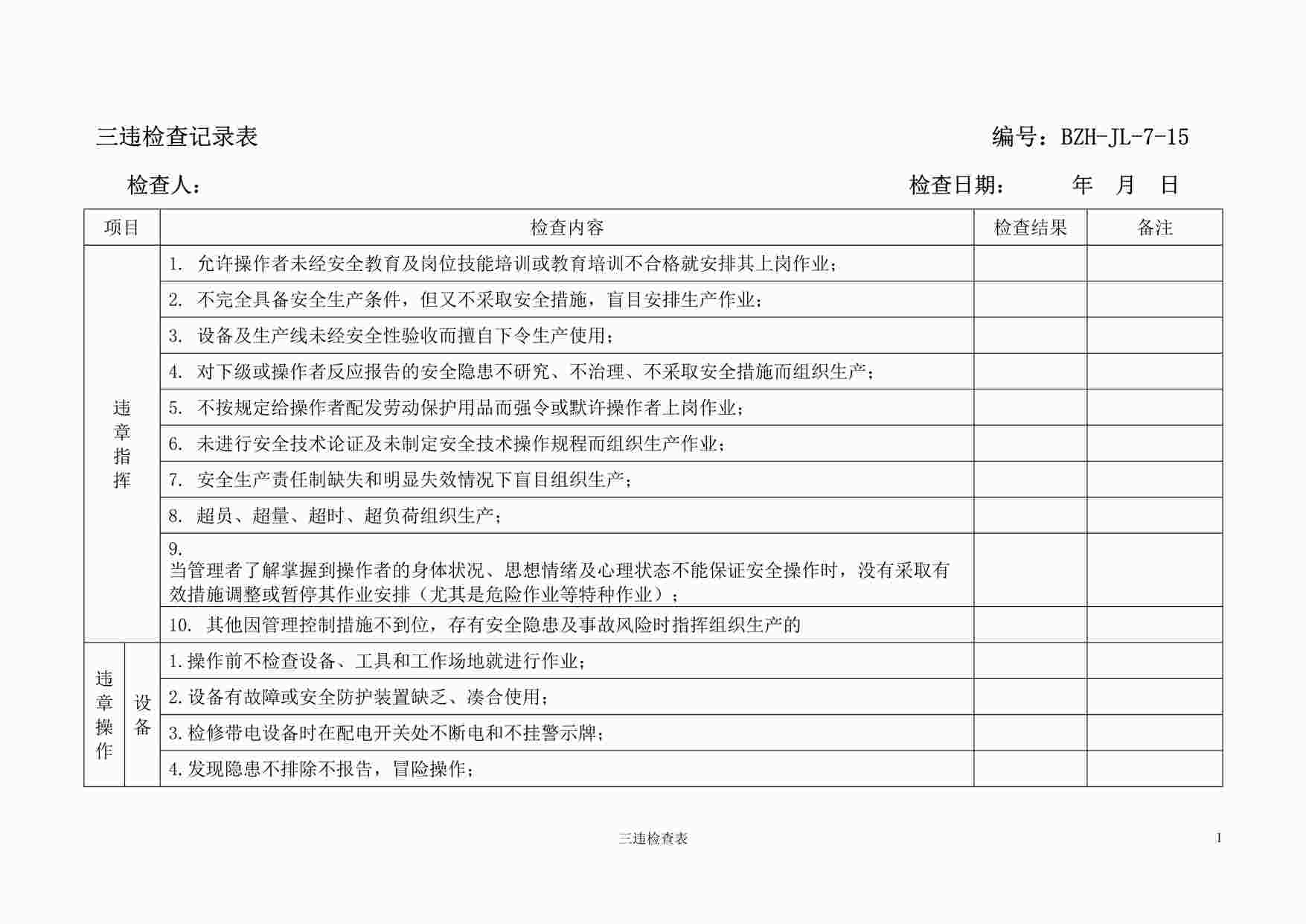 “某制造型企业三违检查记录表DOC”第1页图片