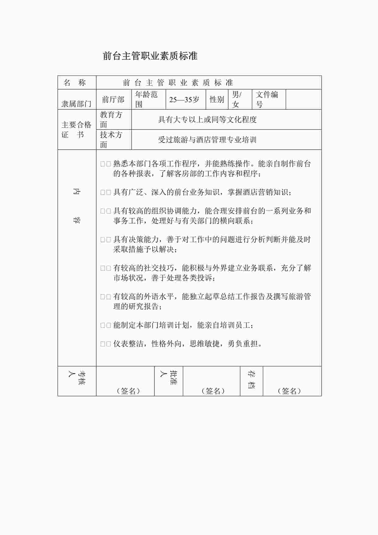 “某酒店前台主管职业素质标准DOC”第1页图片