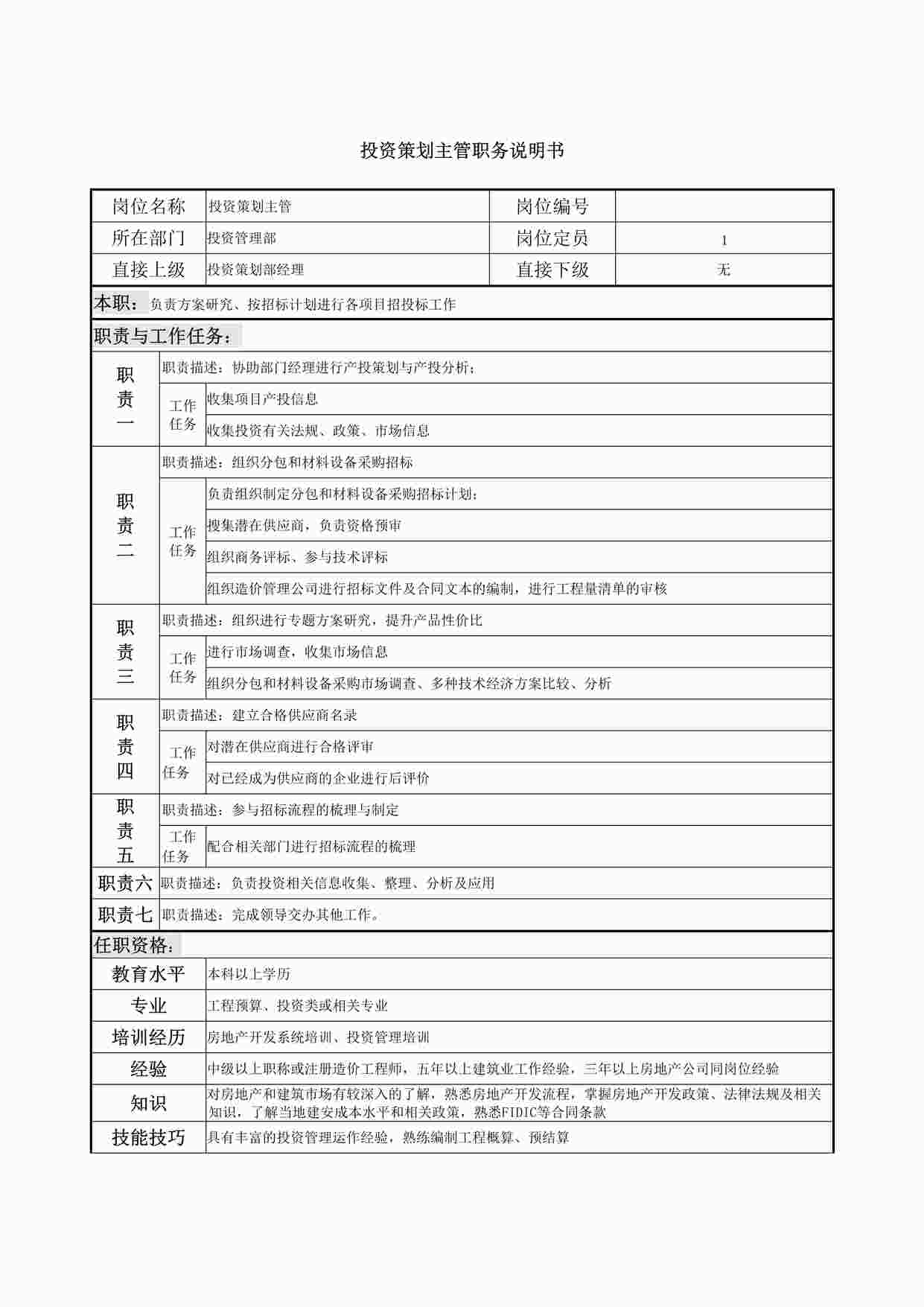 “投资策划主管职务说明书DOCX”第1页图片